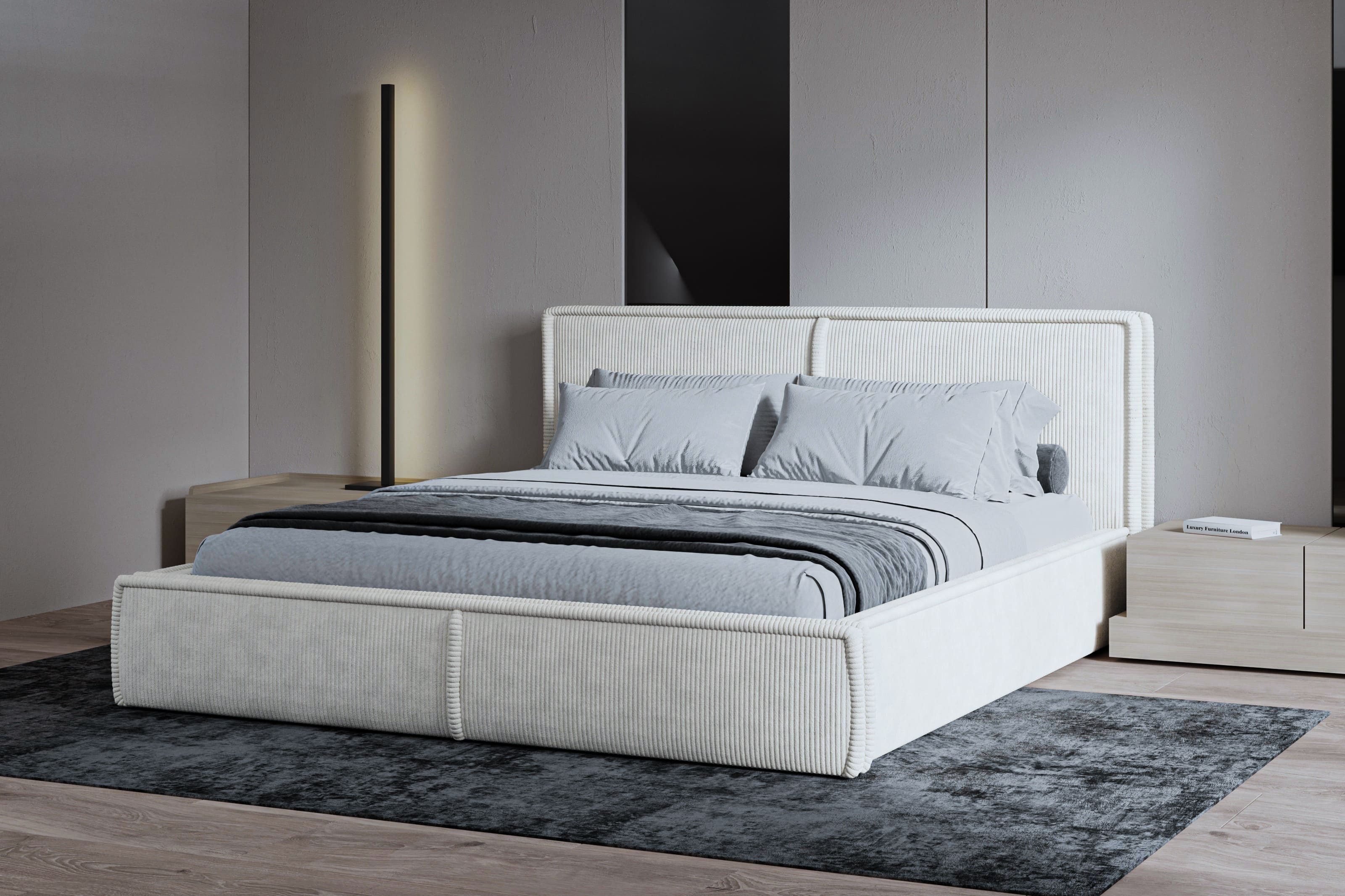 MOEBLO Polsterbett BETT 04 (Bezug: aus Cord, Doppelbett mit Kopfstütze, Rahmenbettgestell 140x200, mit Bettkasten und Lattenrost), mit Bettkasten