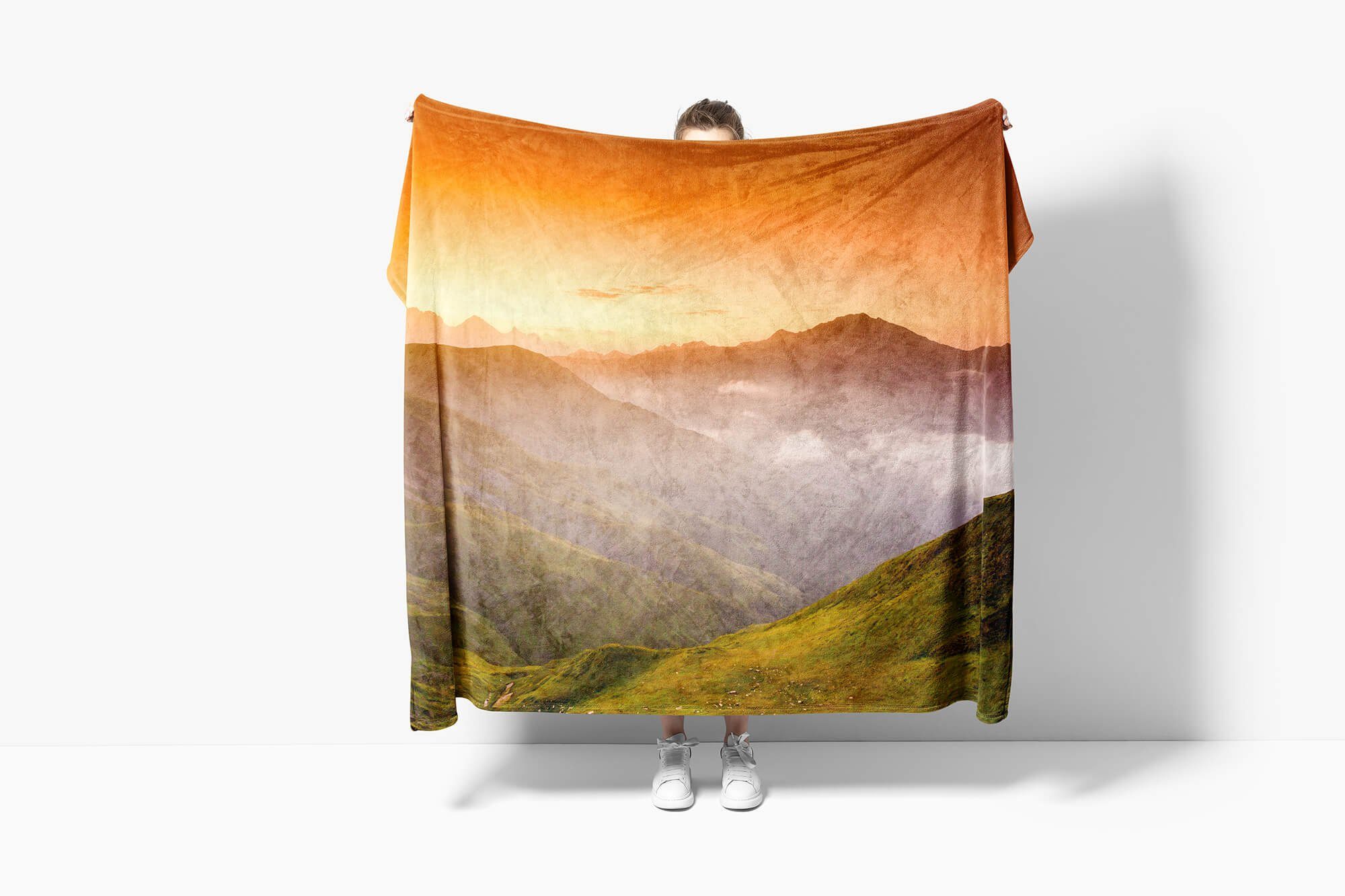 Kuscheldecke Fotomotiv (1-St), Handtücher Nebel Strandhandtuch mit Handtuch Abendröte, Handtuch Saunatuch Berge Art Sinus Baumwolle-Polyester-Mix