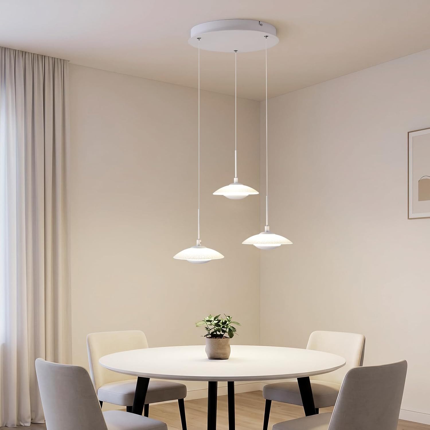 BlingBin LED Pendelleuchte Esstisch Hängelampe 3 Flammig mit Glas, elegante Sandweiß 17W, Rund-3Flammig, LED fest integriert, Höhenverstellbar Pendelleuchte- für Wohnzimmer, Esszimmer, Hotel