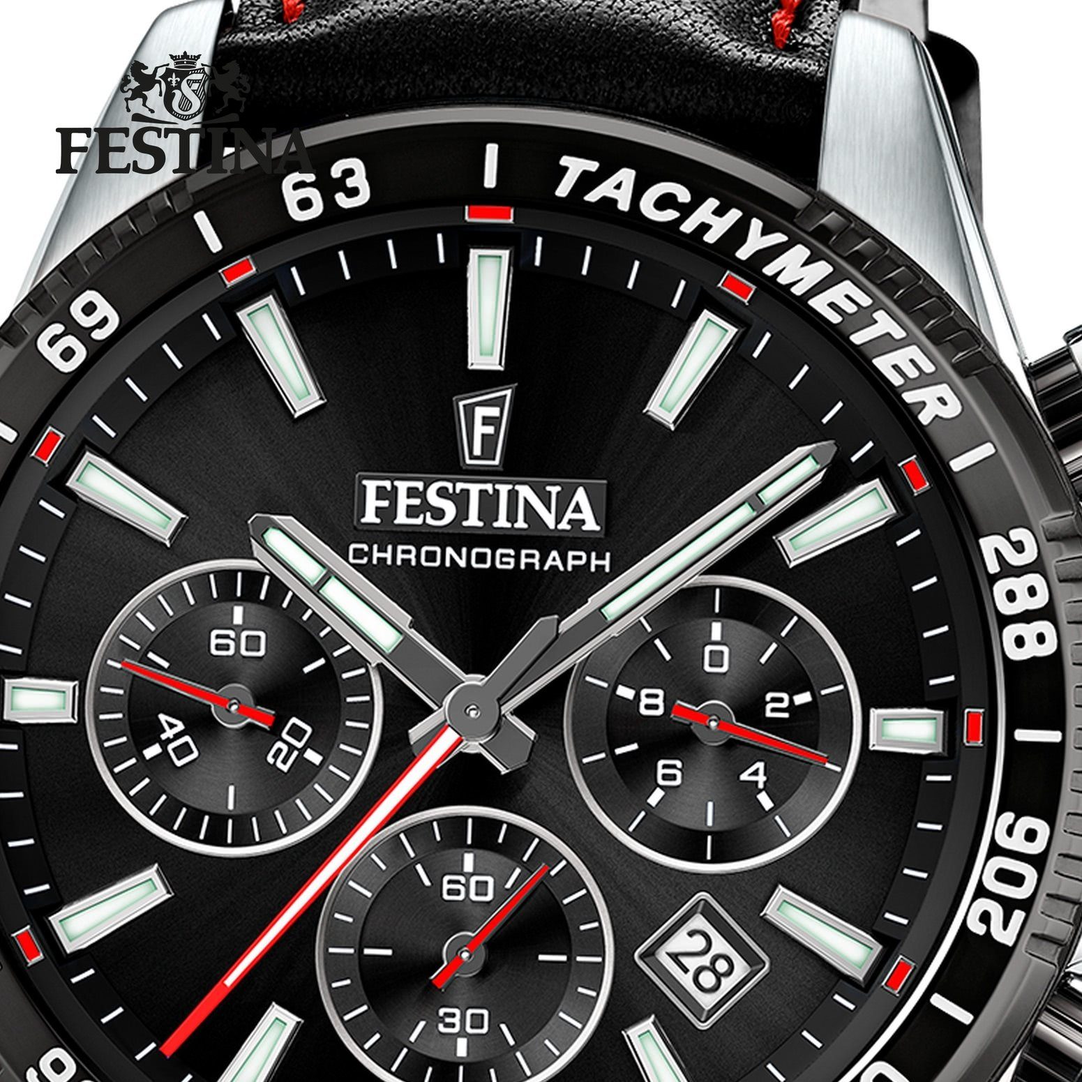 Festina Quarzuhr schwarz, Elegant, Lederarmband rund, Boden Timeless Armbanduhr verschraubt Herren Chronograph, Festina Herrenuhr