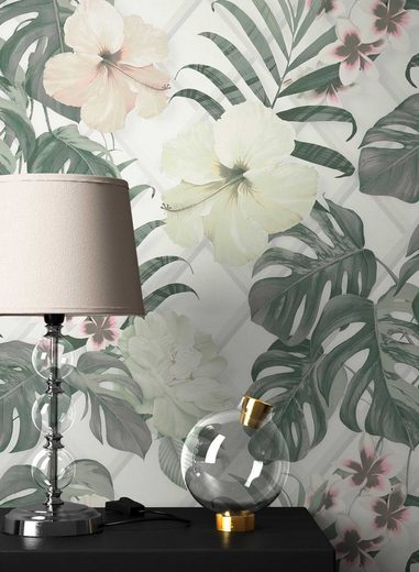 Newroom Vliestapete, Blumentapete Grün Weiß Palmen Wallpaper Floral