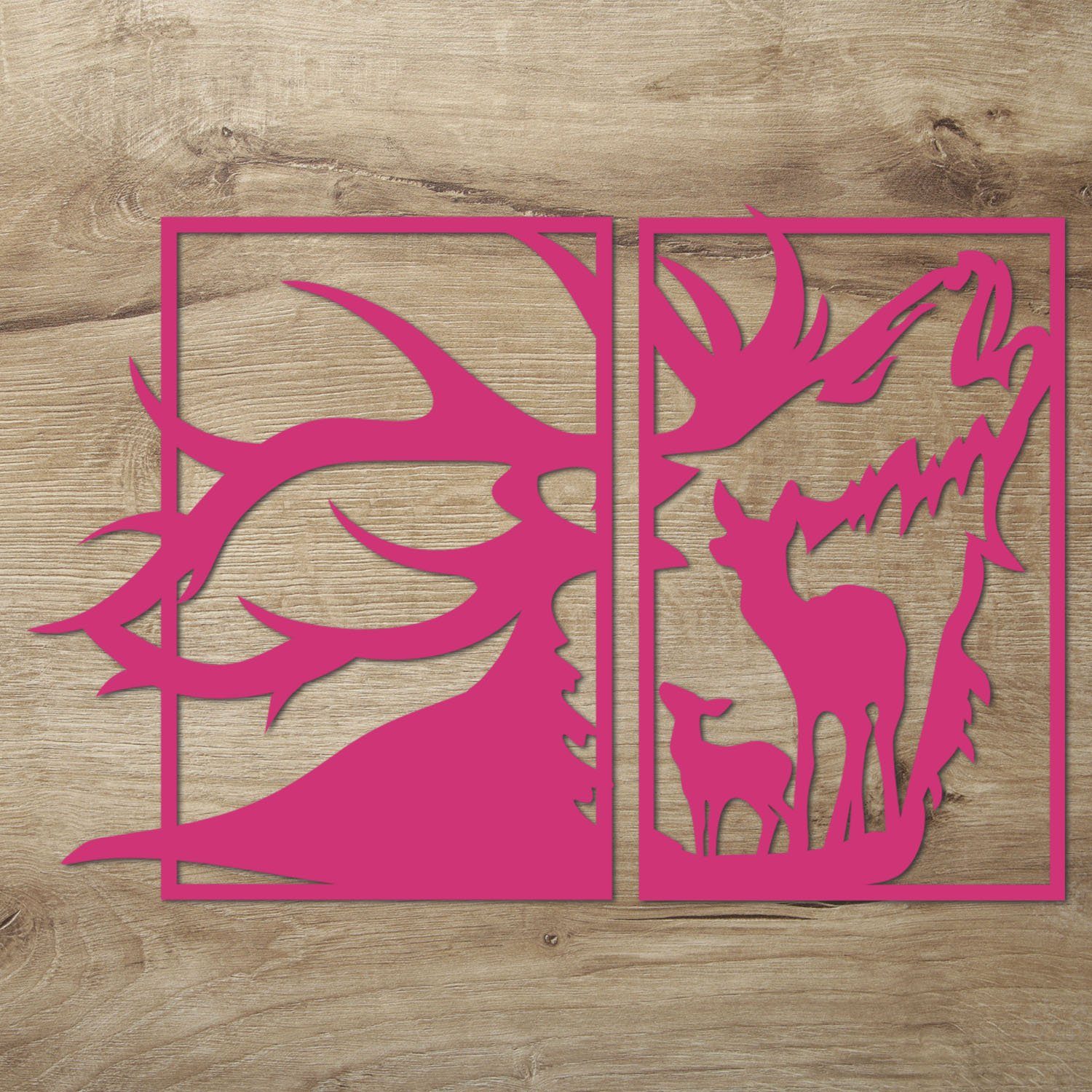 Namofactur Wanddekoobjekt XXL Hirschkopf mit Reh im Rahmen, Holz Deko (2 St., 2-teilig), Wandtattoo Hirsch mit Reh aus Holz in verschieden Farben erhältlich Pink