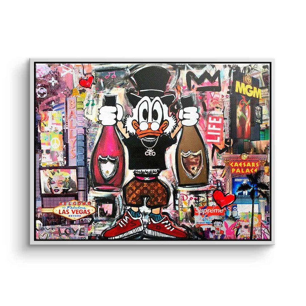 DOTCOMCANVAS® Leinwandbild Dagobert in Las Leinwandbild Pop Vegas Art quer Vegas, weißer Collage Dagobert Duck Comic Rahmen Las