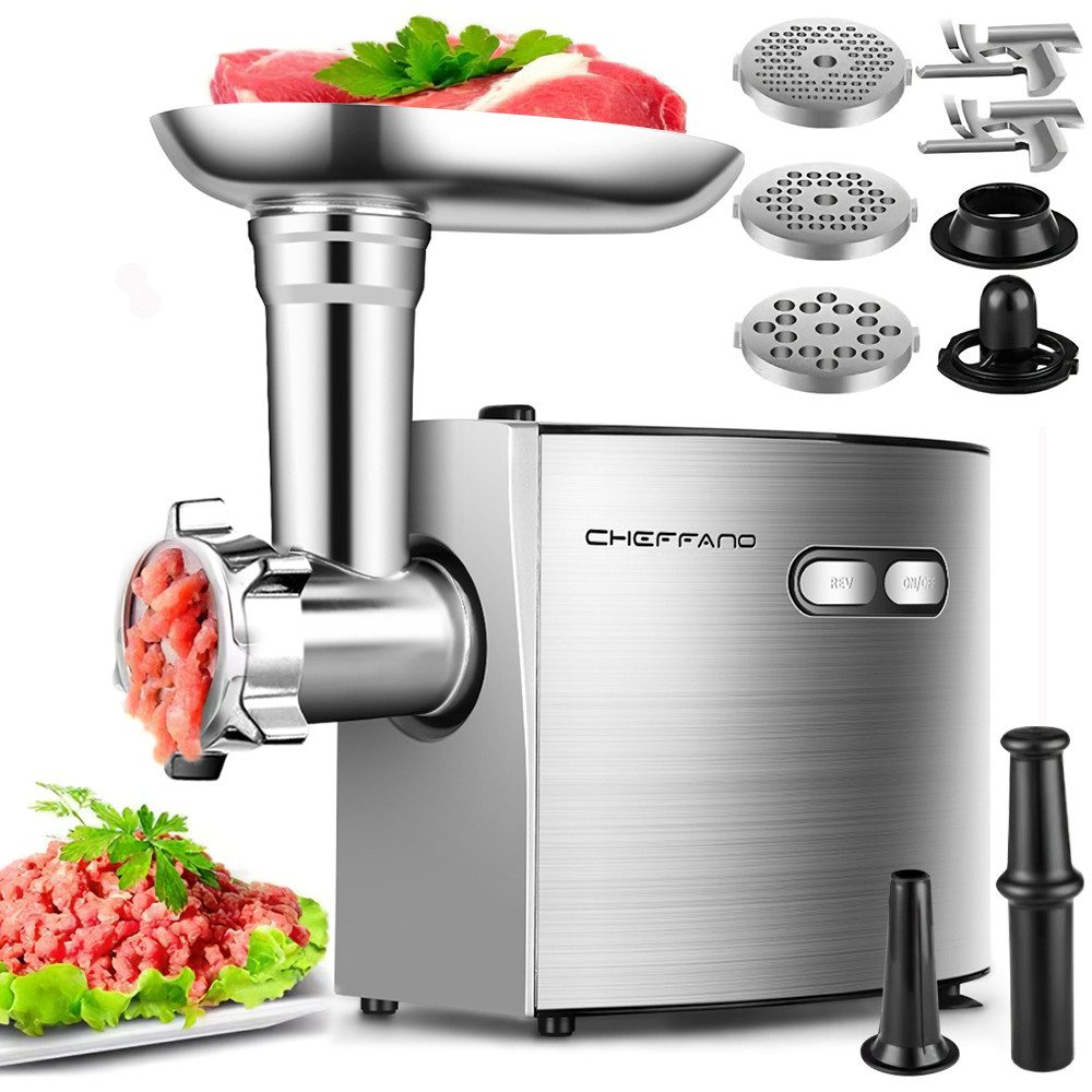 CHEFFANO Fleischwolf Fleischwolf Edelstahl, 3 Lochscheiben, 2 Klingen & Wurstbefüller, 350 W