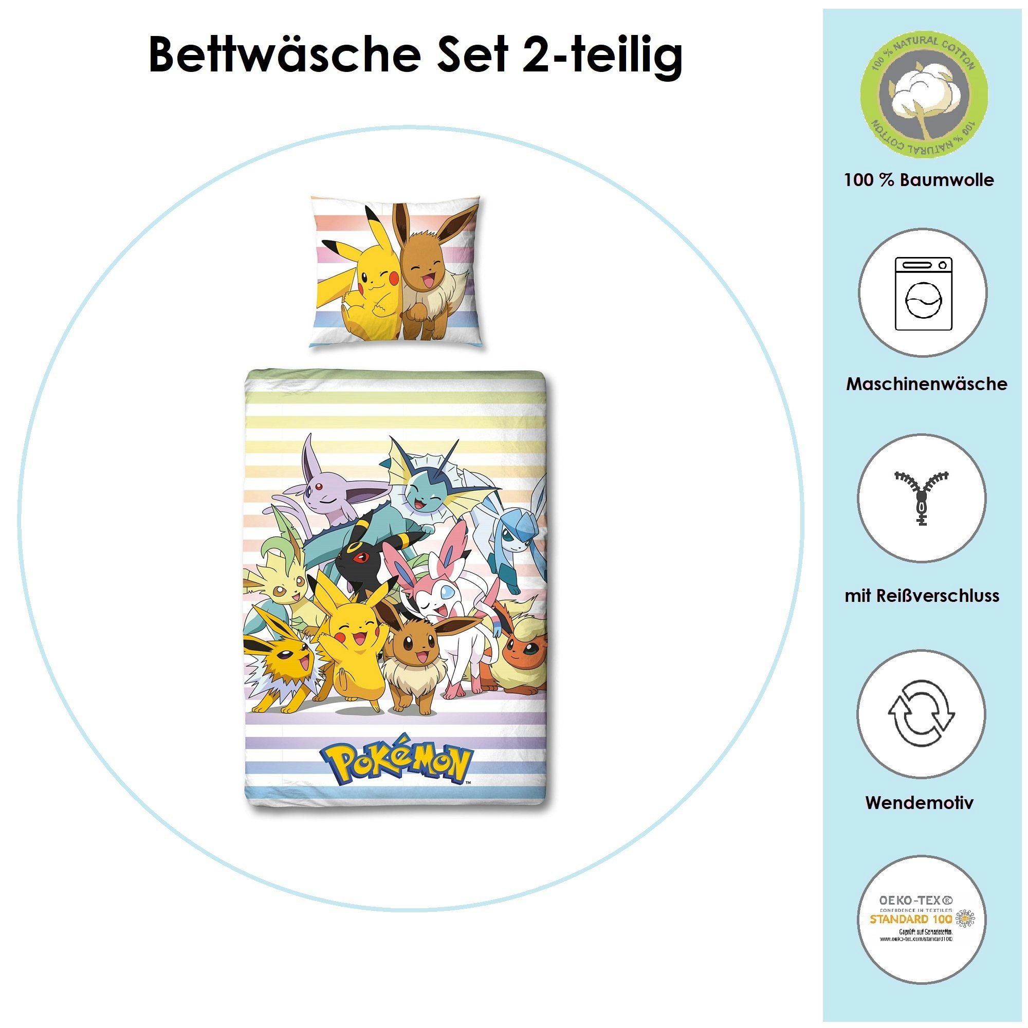Familando Kinderbettwäsche Pokemon "Group" 135x200 + 80x80 cm aus 100% Baum günstig online kaufen