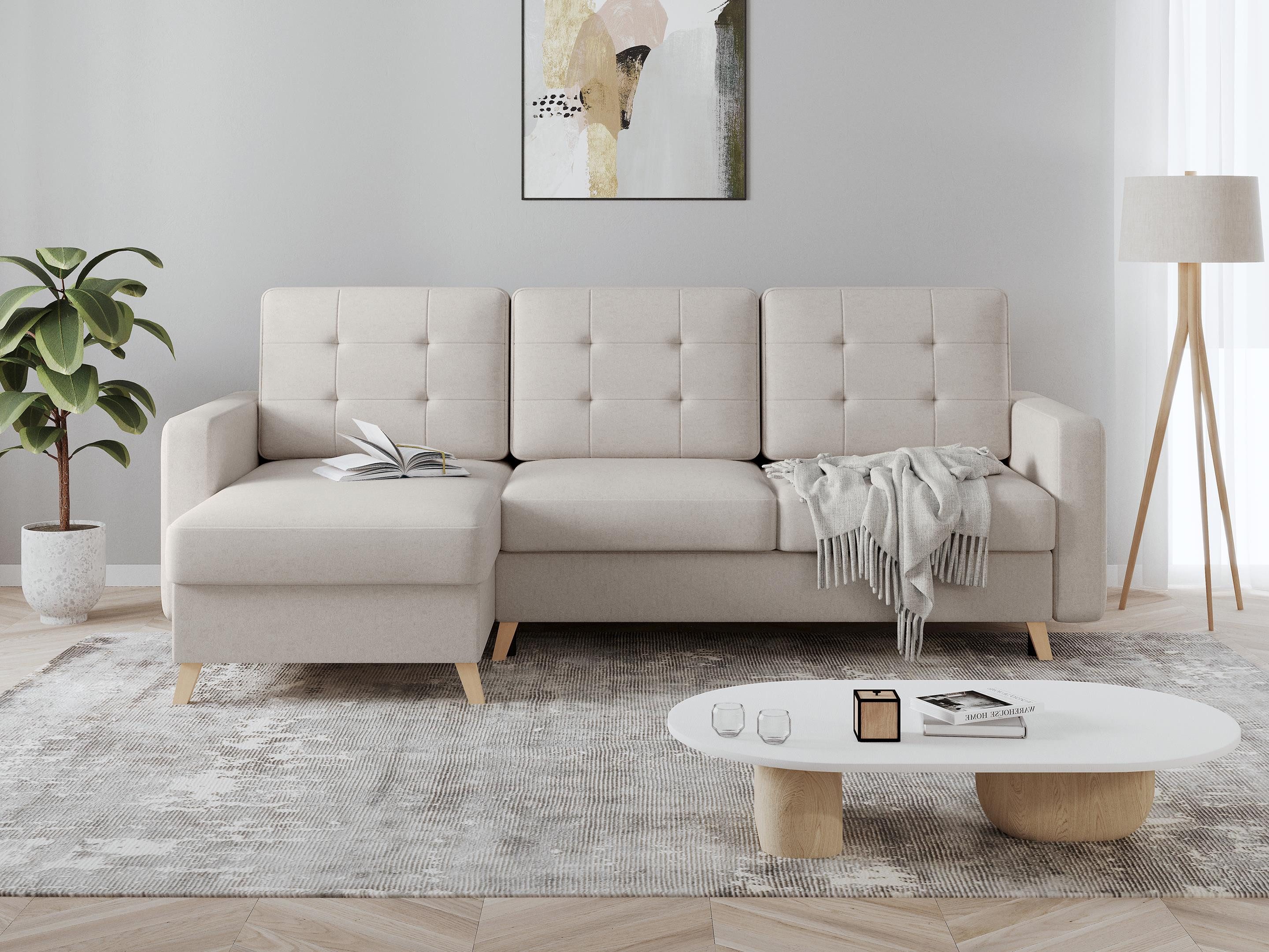 Beautysofa Ecksofa VINCI mit Schlaffunktion und Bettkasten – universell L/R montierbar, universell montierbar, Sofa mit Bonellfederkern und Wellenunterfederung