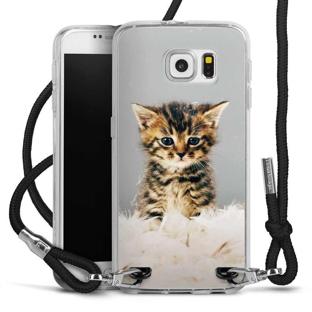 DeinDesign Handyhülle Katze Haustier Feder Kitty, Samsung Galaxy S6  Handykette Hülle mit Band Case zum Umhängen
