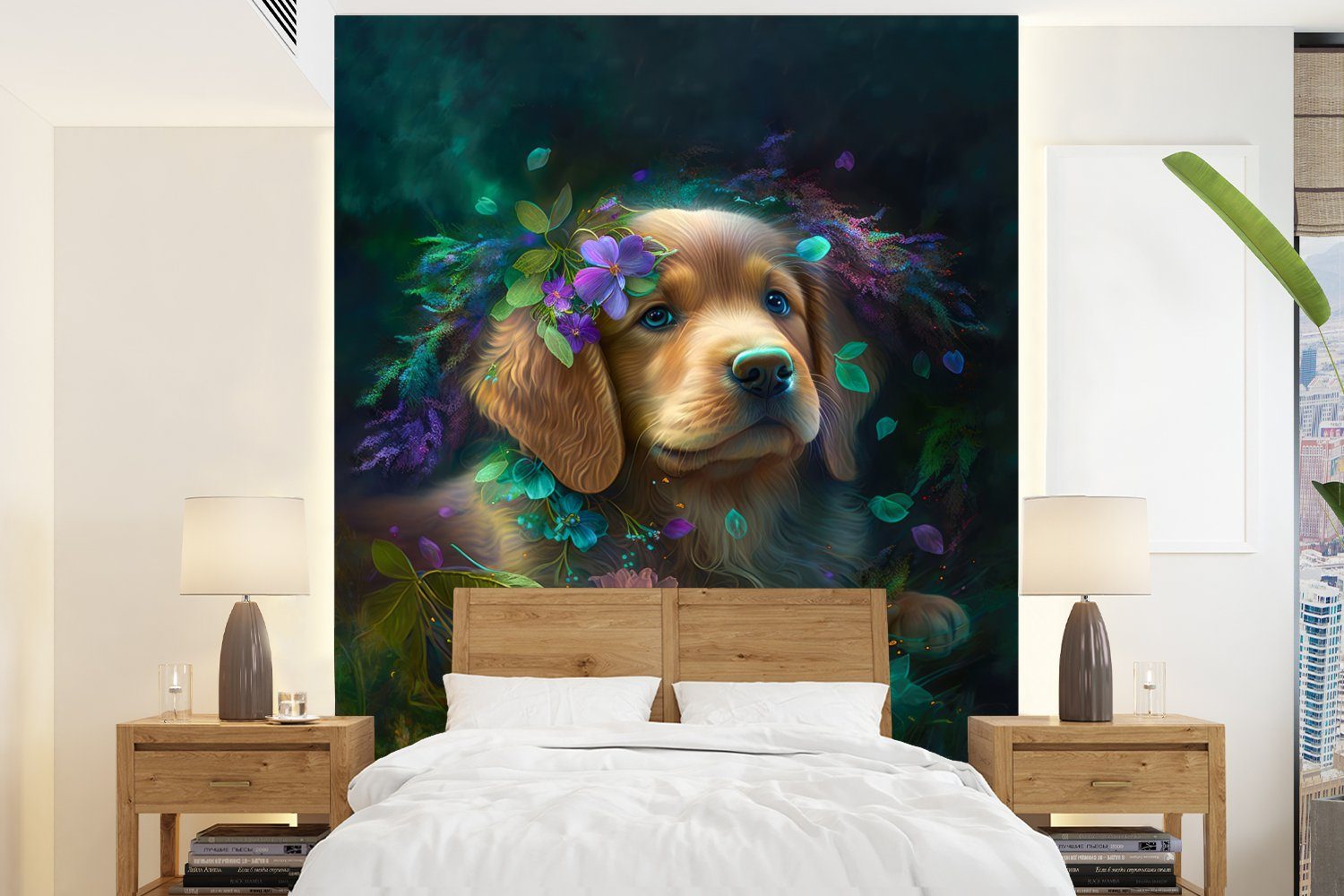 (4 Montagefertig St), - bedruckt, Retriever, - - Hund Natur - Wohnzimmer, Wandtapete Blumen Vinyl Golden Tapete Matt, Fototapete für Welpe MuchoWow