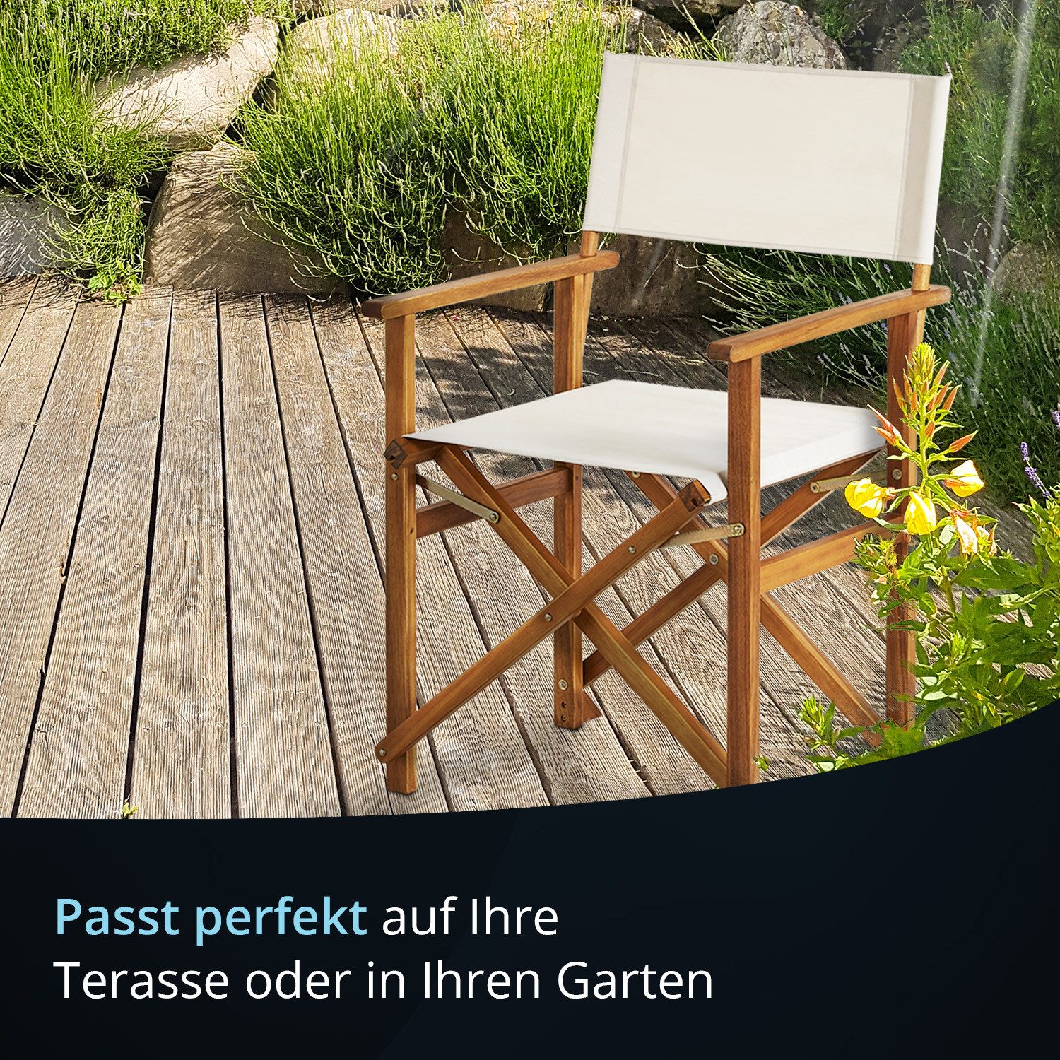 KHG Regiestuhl Balkonstuhl aus echtem Akazienholz geölt (Regiestuhl mit Armlehnen 100% Polyesterbezug in Creme), Klappbar, platzsparend