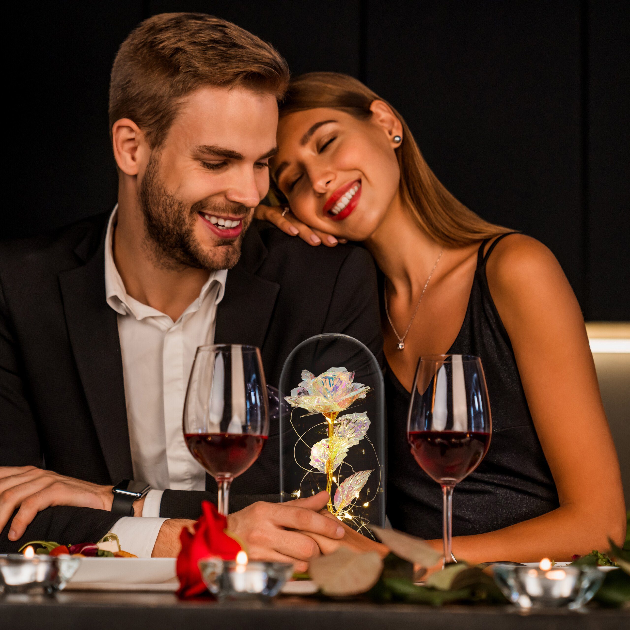 Kunstblume Ewige Rose im Glas, relaxdays, Höhe 22 cm