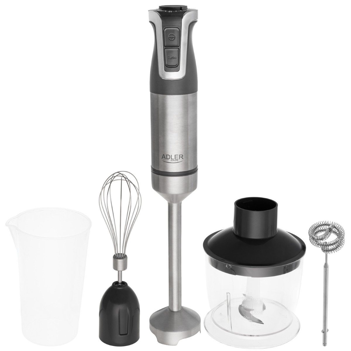 Adler Stabmixer Set AD 4627 1800 W, 20 Geschwindigkeitsstufen + Turbo in Grau, 1800 W, Turbo-Funktion, 4 Edelstahlklingen, Ergonomischer Griff