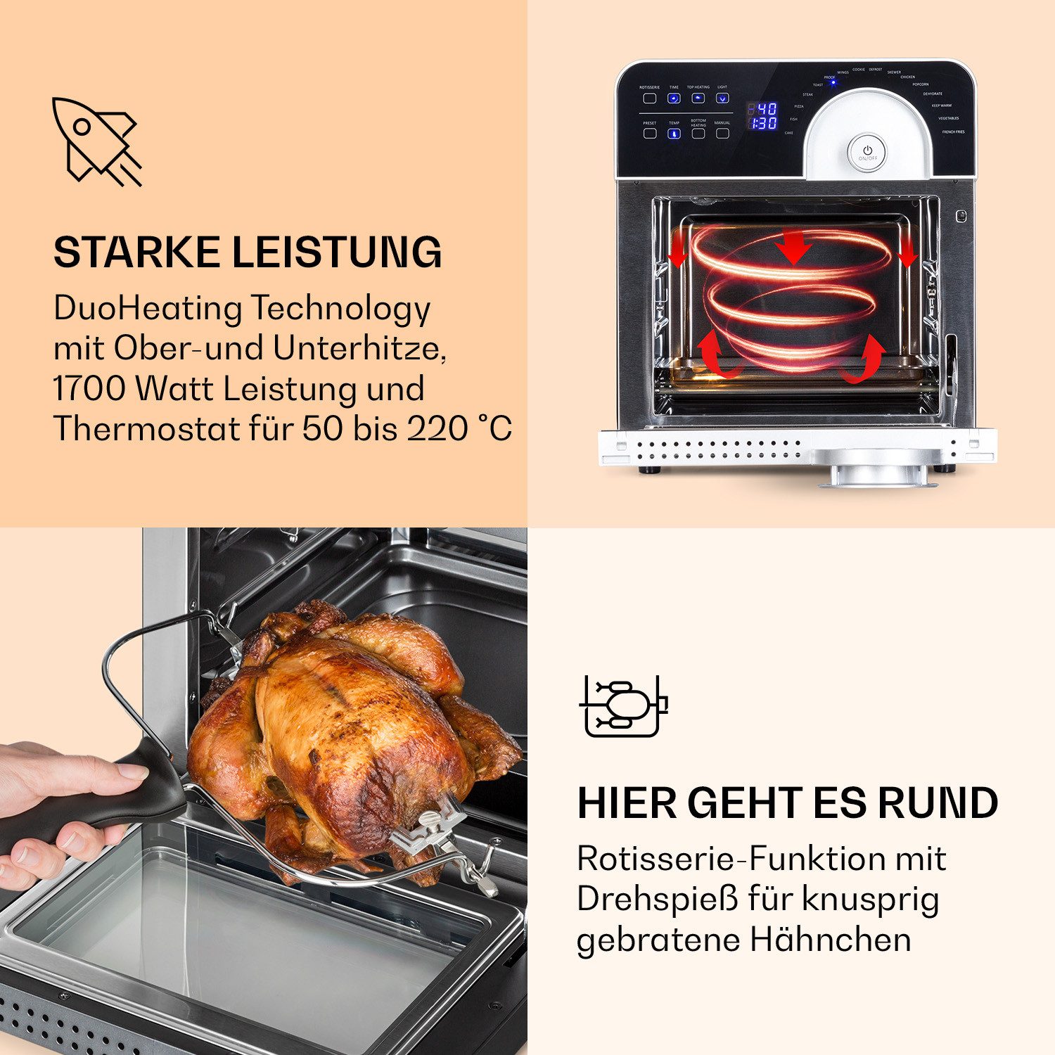Klarstein Heißluftfritteuse, 1700 W, Air Fryer Fritteuse ohne Öl Heizluftfritteuse Heißluftfritteusen