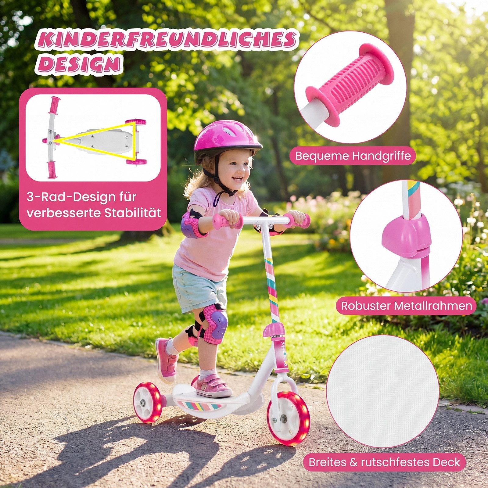 COSTWAY Scooter Dreirad Kinderroller mit LED-Rädern