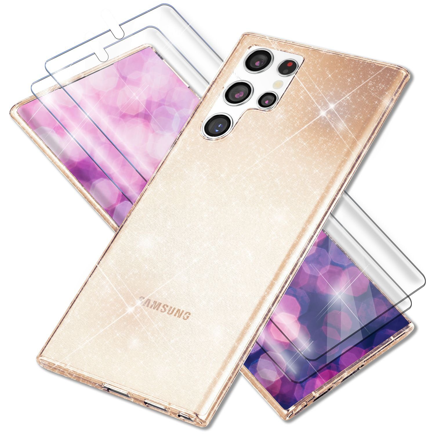 Nalia Smartphone-Hülle Samsung Galaxy S23 Ultra 17,3 cm (6,8 Zoll), Klare Glitzer Silikon Hülle / 2x Displayschutz / Glitter Bling Cover