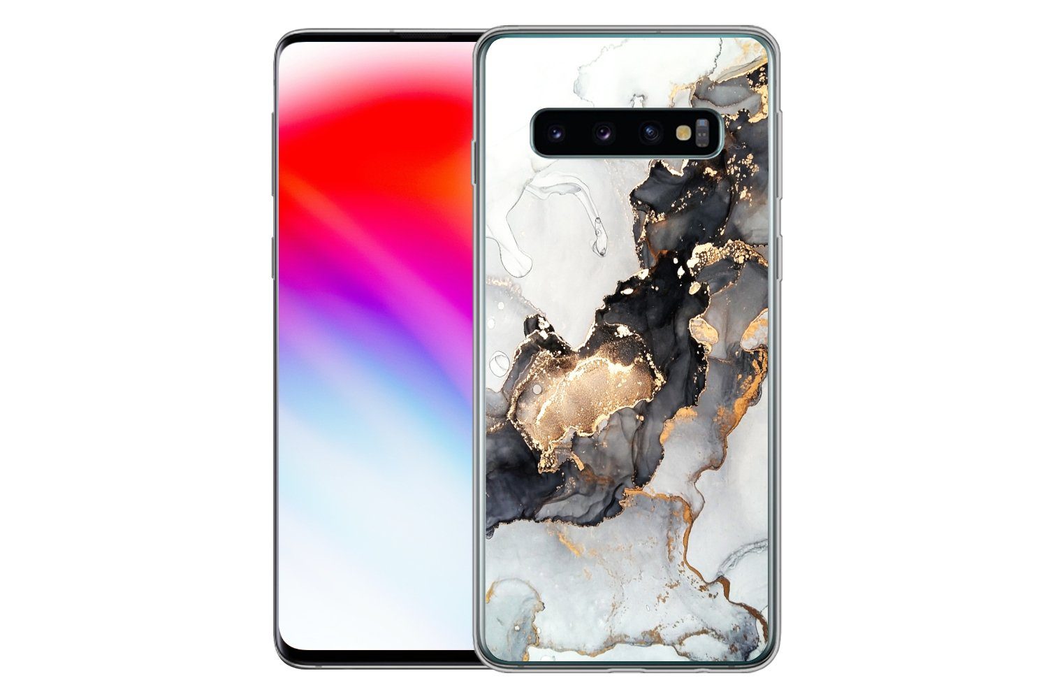 MuchoWow Handyhülle für Samsung Galaxy S10 Marmor - Schwarz - Weiß - Gold - Luxus - Abstra, Phone Case, Silikon, Schutzhülle Dünn