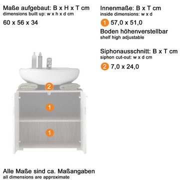 Lomadox Waschbeckenschrank ODRA-19 Badezimmer in Weiß Hochglanz mit Sardegna Rauchsilber, : 60/56/34 cm