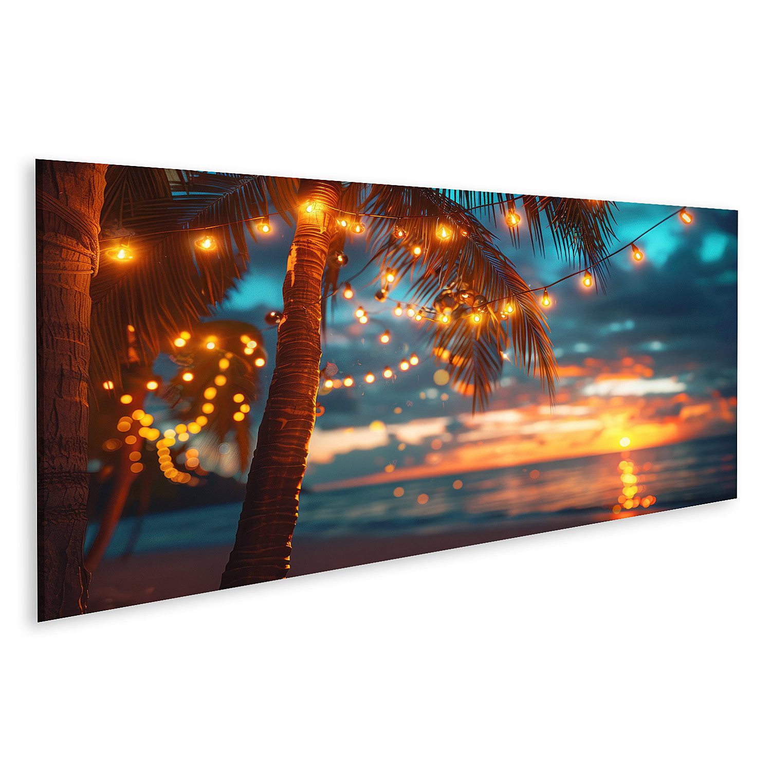 Leinwandbild Leuchtende Lichterketten an Palmen in einer tropischen Sommernacht Woh