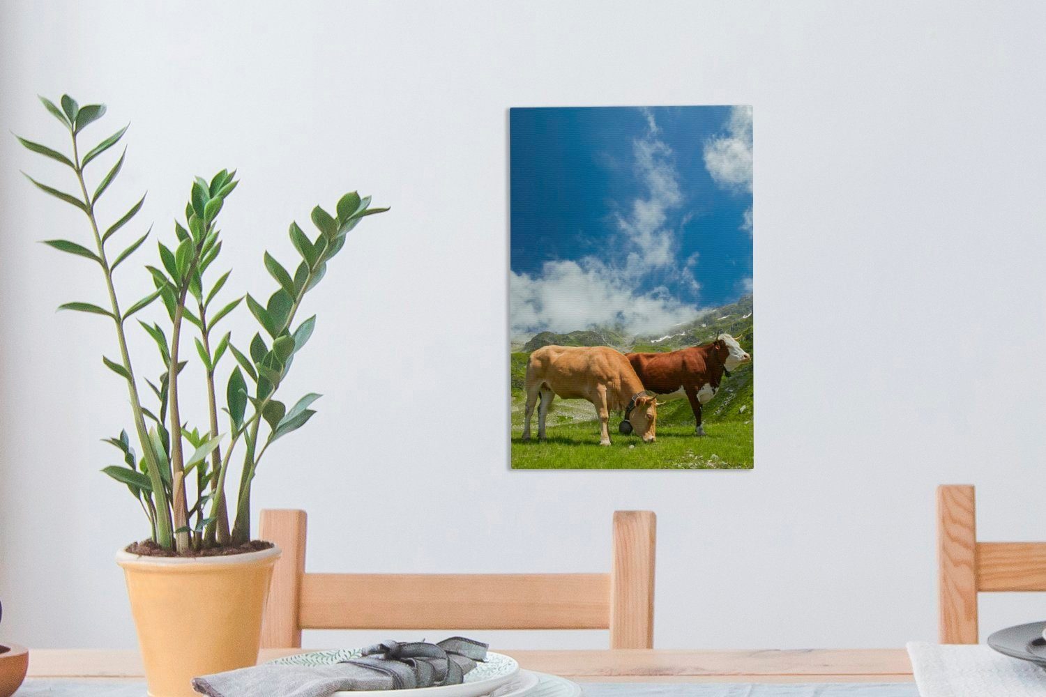 20x30 Leinwandbild - bespannt cm inkl. Gemälde, - Zackenaufhänger, fertig (1 Kühe Leinwandbild St), OneMillionCanvasses® Alpen, Licht