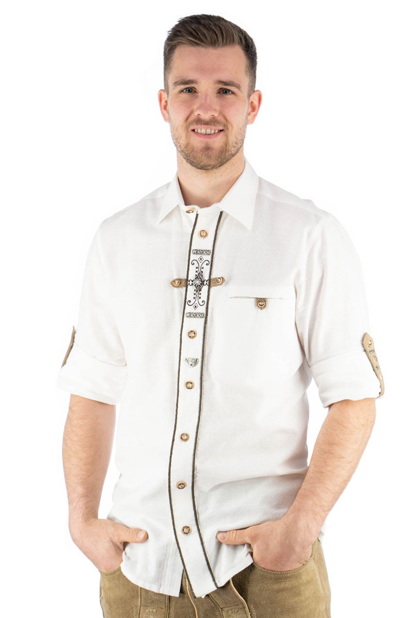 Phegin Knopfleiste Paspeltasche, auf Zierteile Langarmhemd Trachtenhemd der OS-Trachten weiß mit