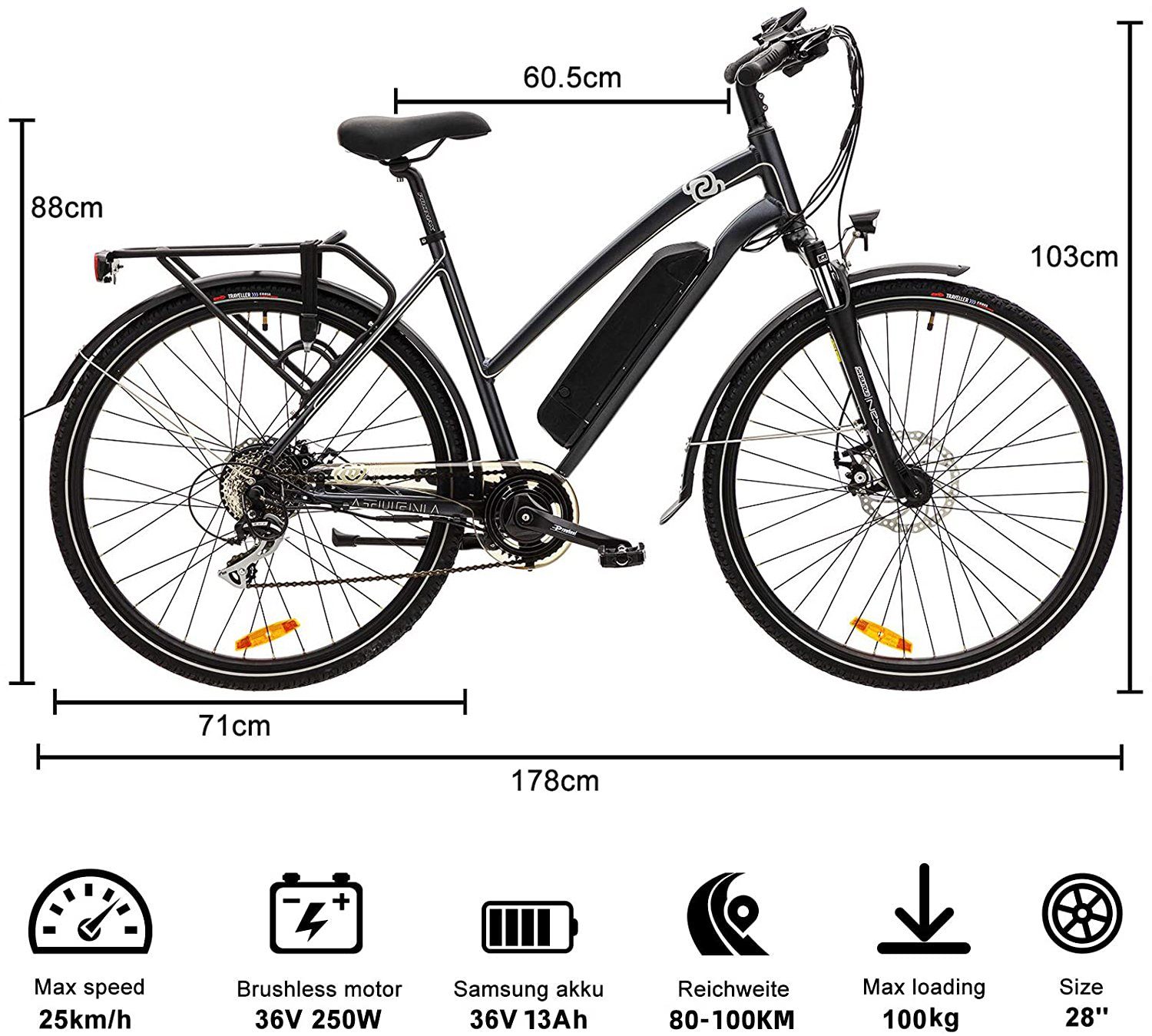 VECOCRAFT E-Bike Trekkingrad Athena 28 Zoll Schwarz, 8 Gang Shimano, Kettenschaltung, Heckmotor