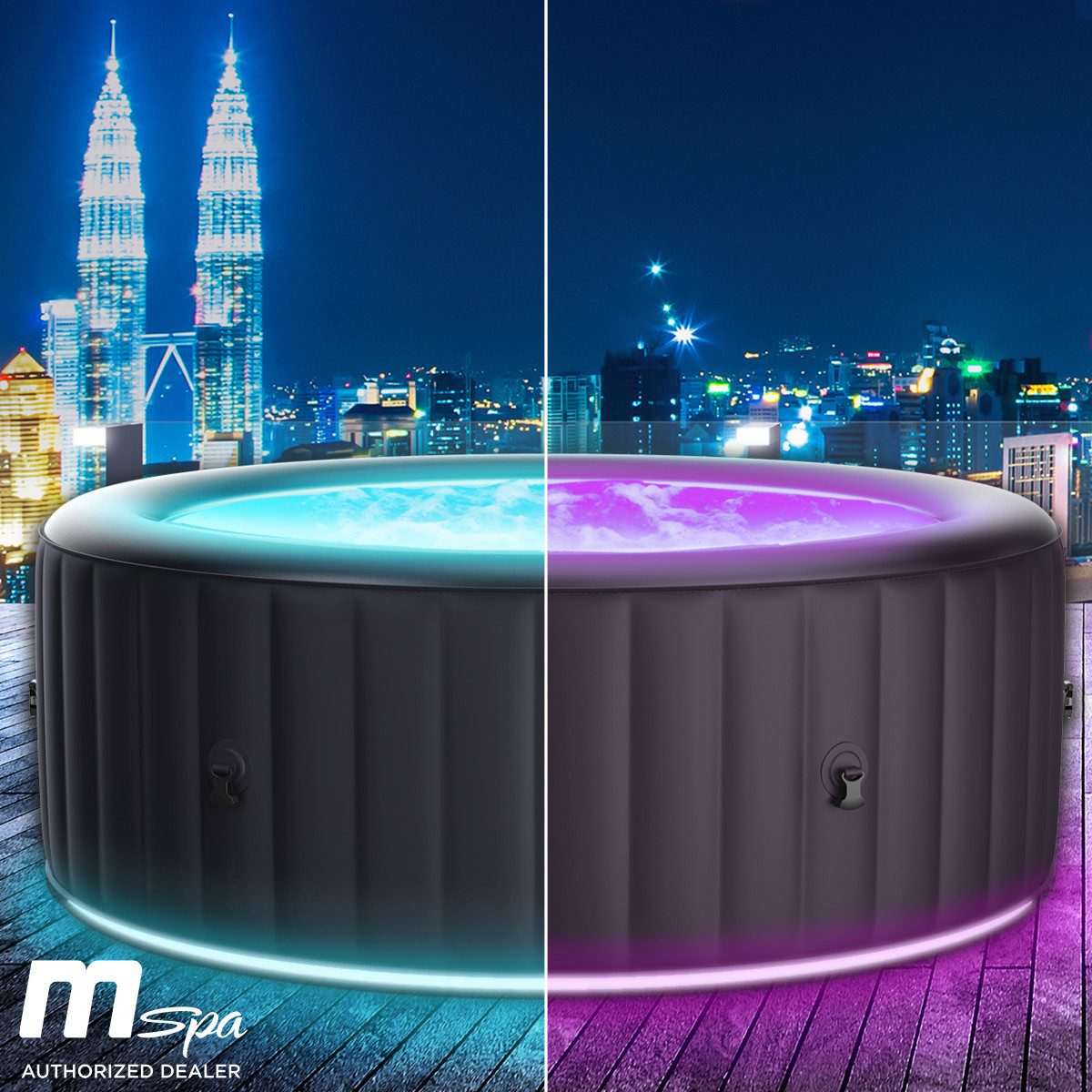 BRAST Whirlpool aufblasbar MSpa Aurora mit LED-Beleuchtung für 6 Personen Ø204x70cm, (In- Outdoor Pool 138 Massagedüsen Energiespar-Timer Heizung, wählen Sie aus 20 Farben), Aufblasfunktion per Knopfdruck Bubble Wellness Massage