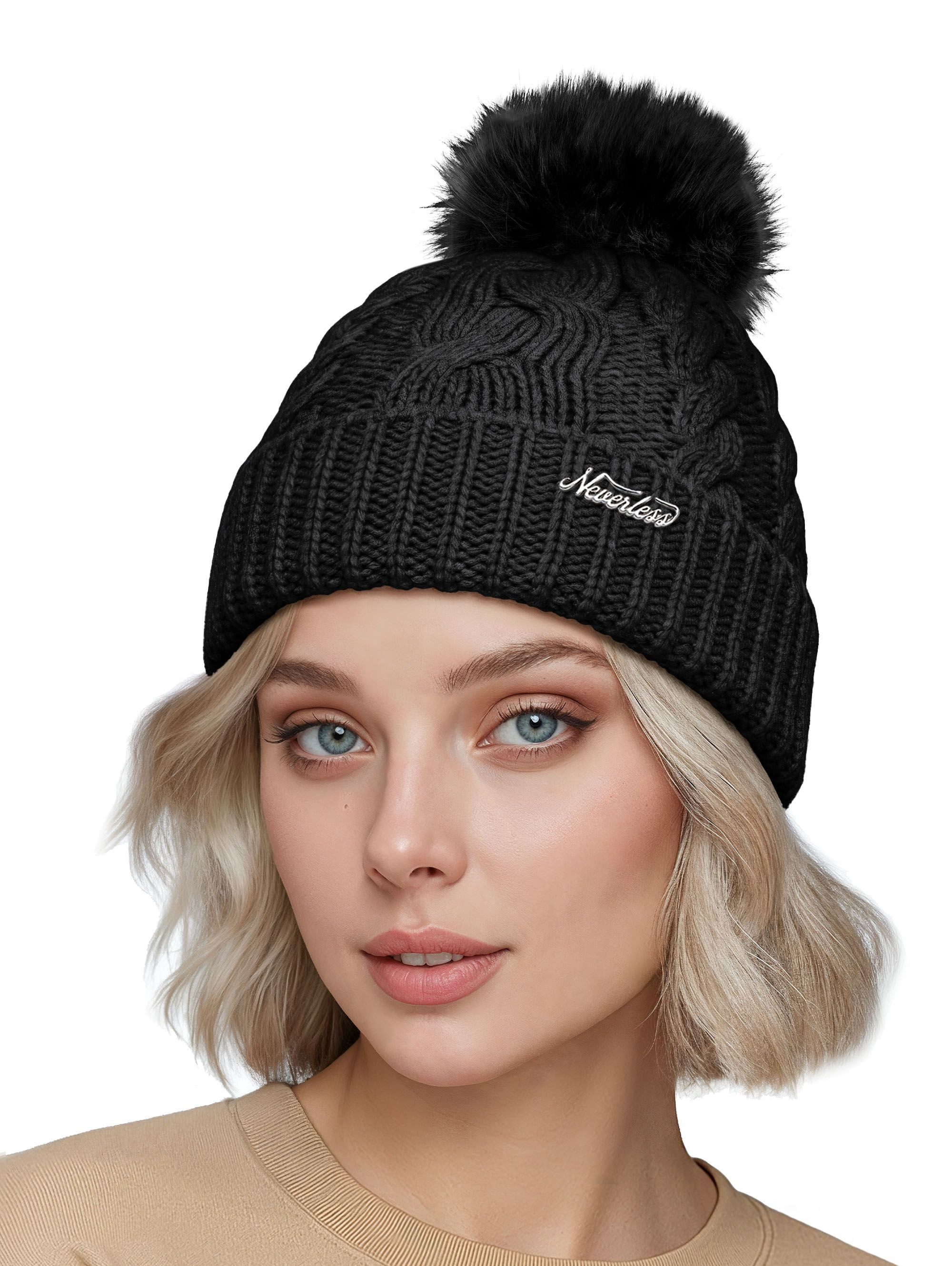 Strickmütze Damen Strick-Mütze Merino Wollmütze Bommelmütze Wintermütze mit