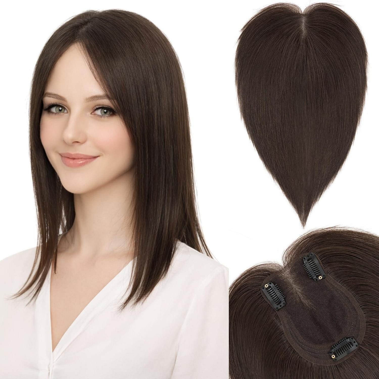 LuxusKollektion Toupet Toupets Echthaar Haar Toppers Clip in 30cm (Seitenpony) #2 Dunkelbraun