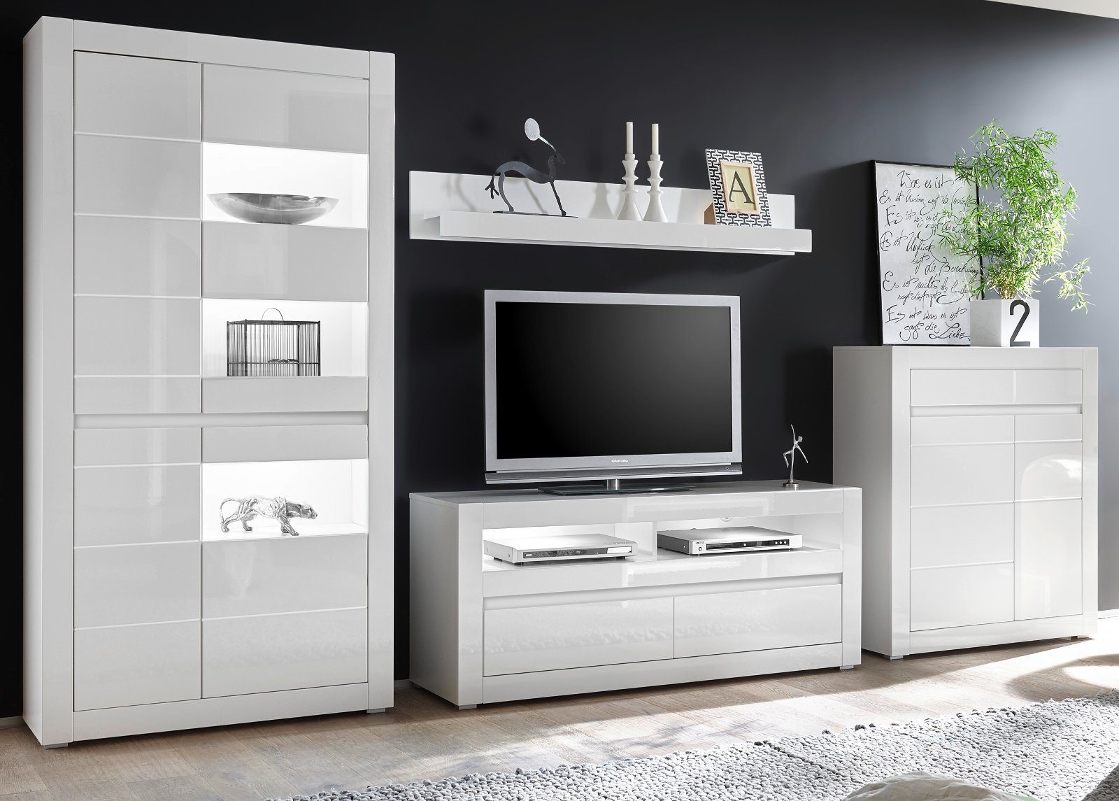 Furn.Design Wohnwand Nobile, (Schrankwand in weiß Hochglanz, 4-teilig, Breite 360 bis 380 cm), viel Stauraum und Soft-Close-Funktion