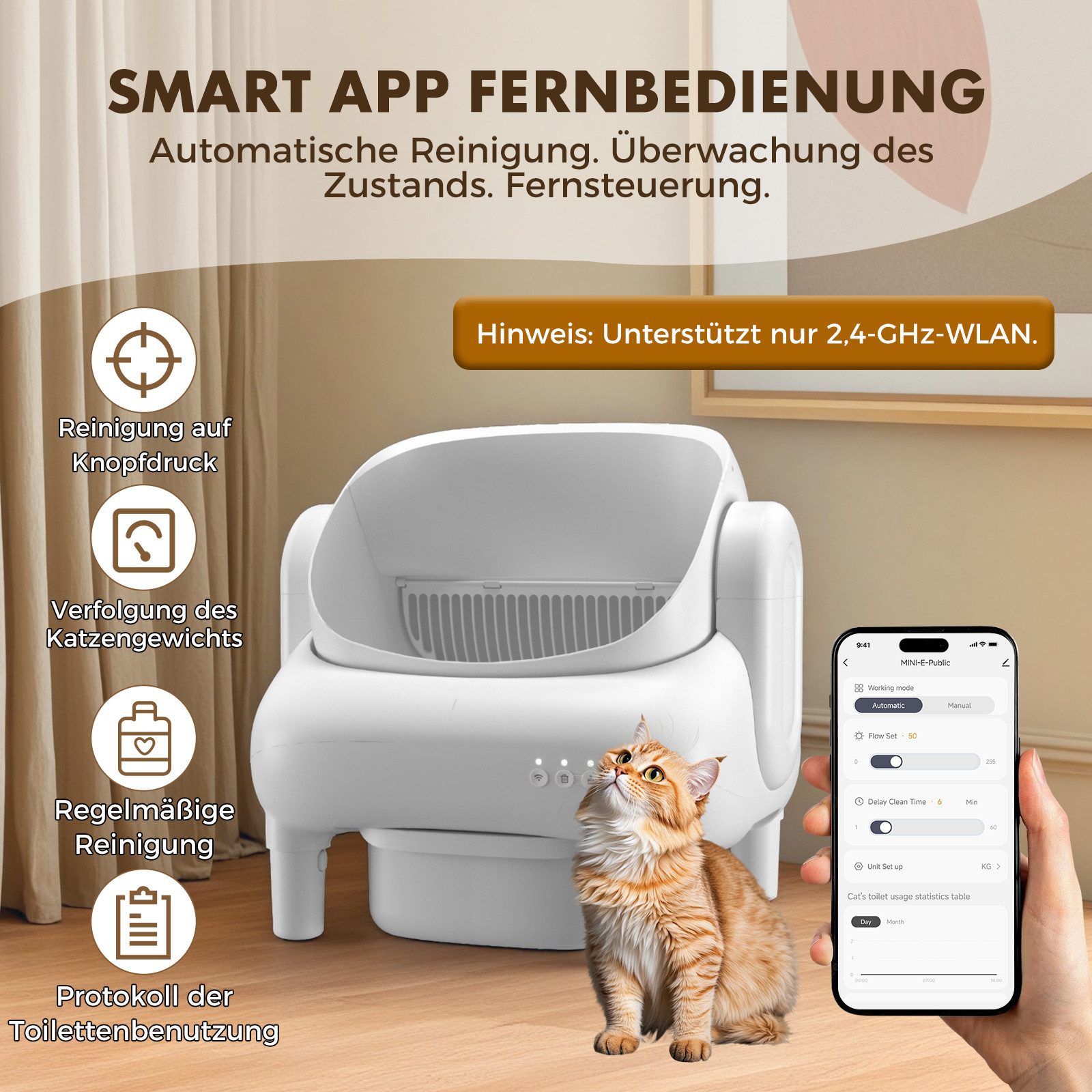 GTPLAYER Katzentoilette Oben offene Automatische Katzenklo selbstreinigend Katzentoilette XXL, Große Fassungsvermögen,App-Steuerung,für mehrere katzen