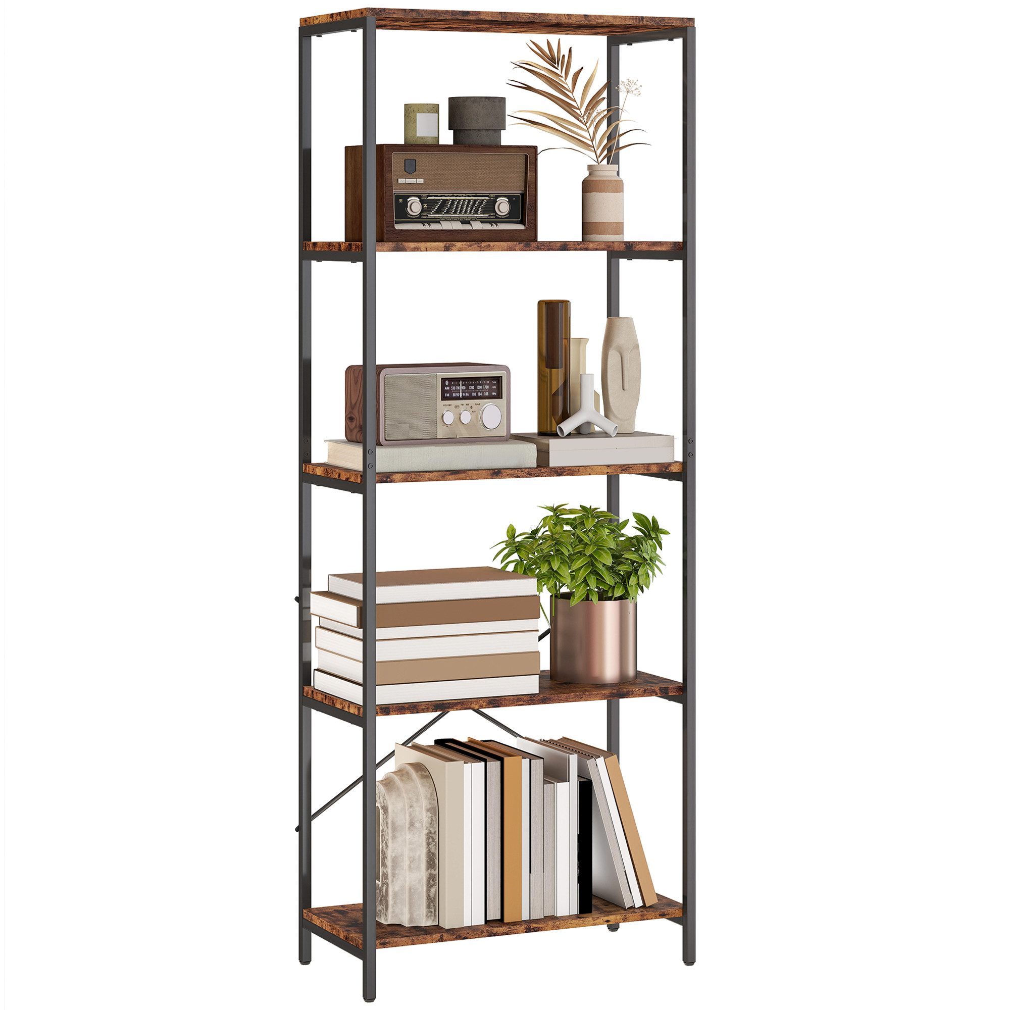 HOMCOM Bücherregal Industrielles Büroregal mit Metallrahmen, offenes Standregal, Standregal mit 5 Ebenen 1-tlg., für Wohnzimmer, Büro, Arbeitszimmer, 79x35x161cm, Rustikal-Braun