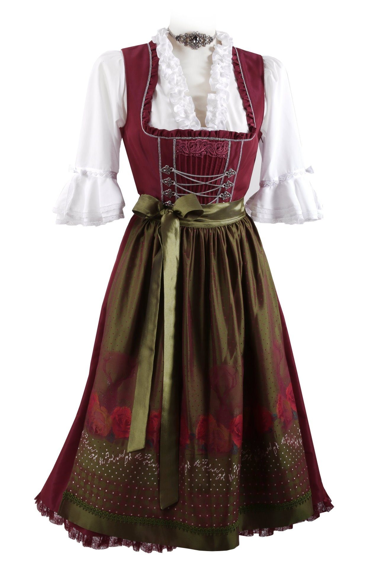 Moschen-Bayern Dirndl Midi Dirndl kurz Damen Trachtenkleid Oktoberfest Wiesn-Dirndl 70 cm elegant festlich Rot-Bordeauxe Kurz, Trachtenkleid, Midi, Stickerei, Taftstoff, festlich, Dirndl