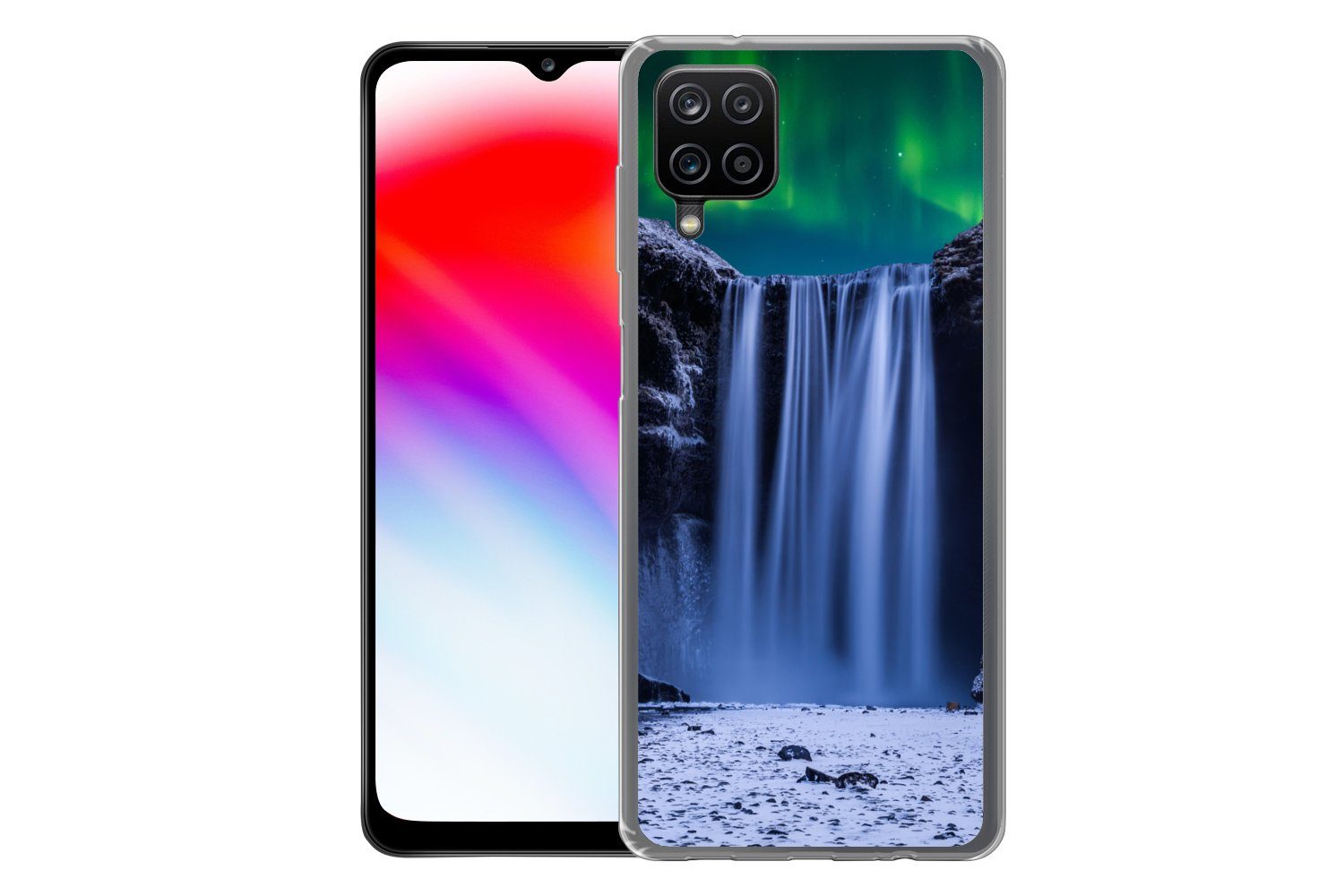 MuchoWow Handyhülle für Samsung Galaxy A12 Nordlichter - Wasserfall - Schnee - Island, Smartphone-Bumper, Print, Handy Schutzhülle Dünn