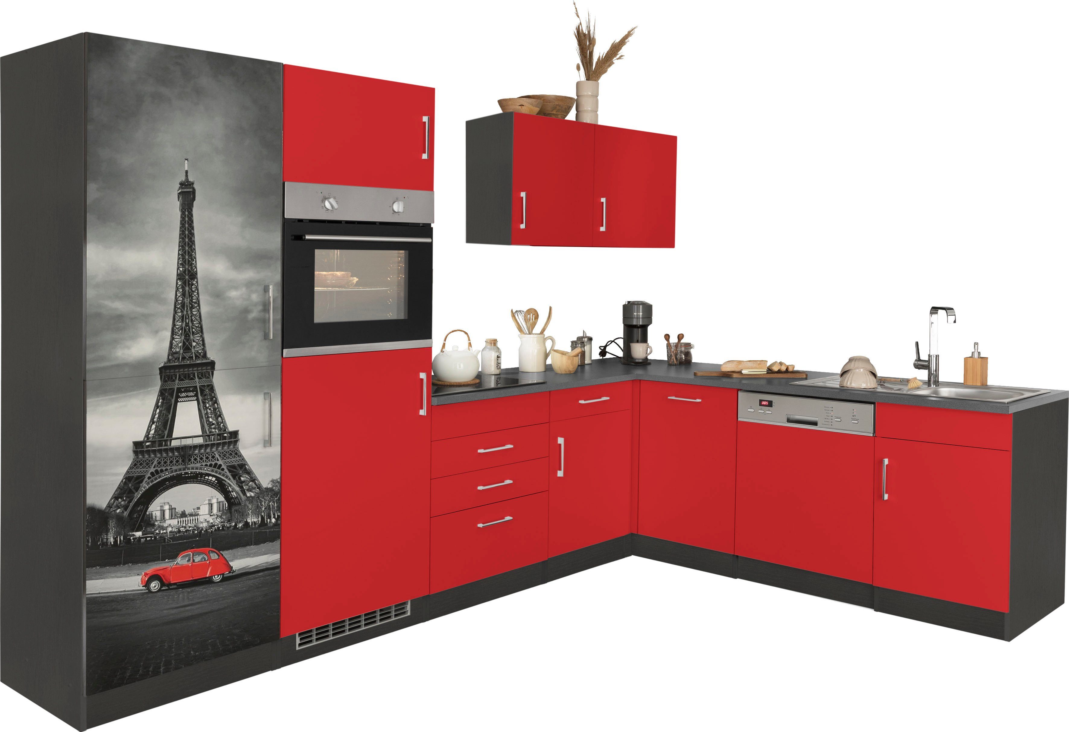 KOCHSTATION Küchenzeile KS-Paris – Küchen mit einzigartigen Fotomotiven auf den Fronten, Stellbreite 290/220 cm, wahlweise mit E-Geräten und Induktion