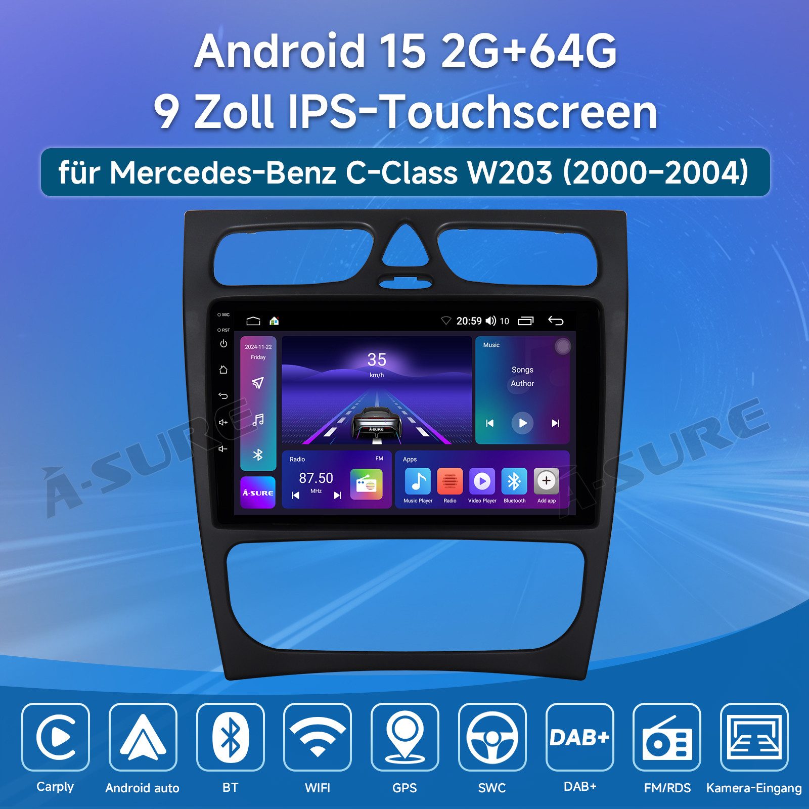 A-Sure Autoradio Android 15 Carplay Für Mercedes Benz C-Klasse W203 W209 Autoradio (Digitalradio (DAB), FM, AM)