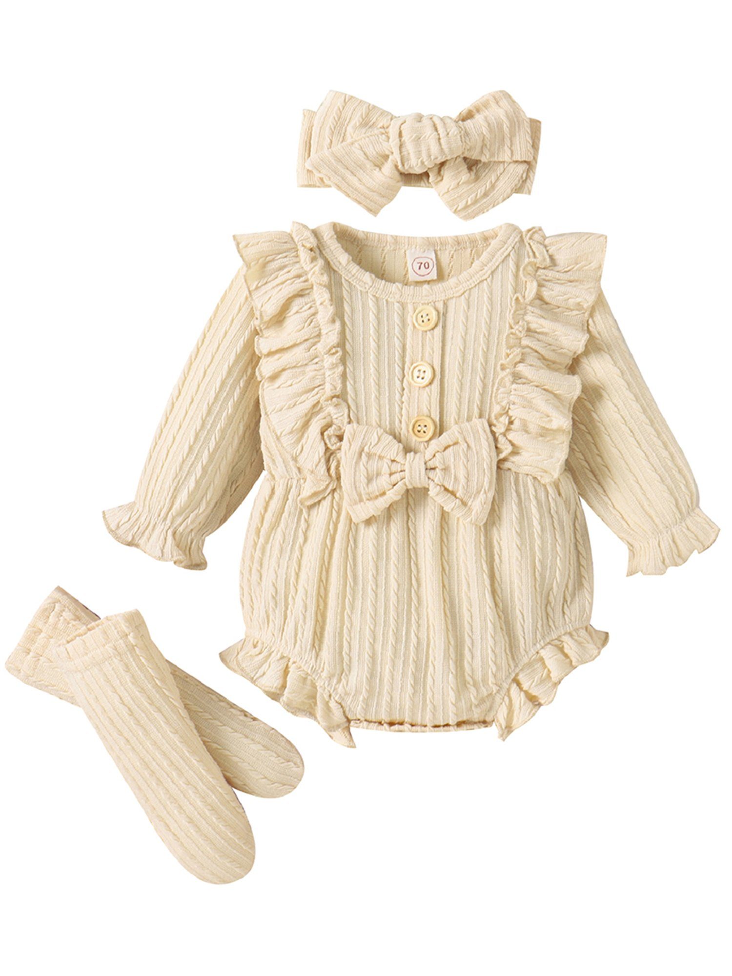 LAPA Strampler Einfarbiger Anzug für Babys, 3-teilig, Schleife Dekoration (Set, Strampler, Socken und Strinband) Baby Mädchen Jacquard Strickkleidung mit Rüschen Schleifenverzierung