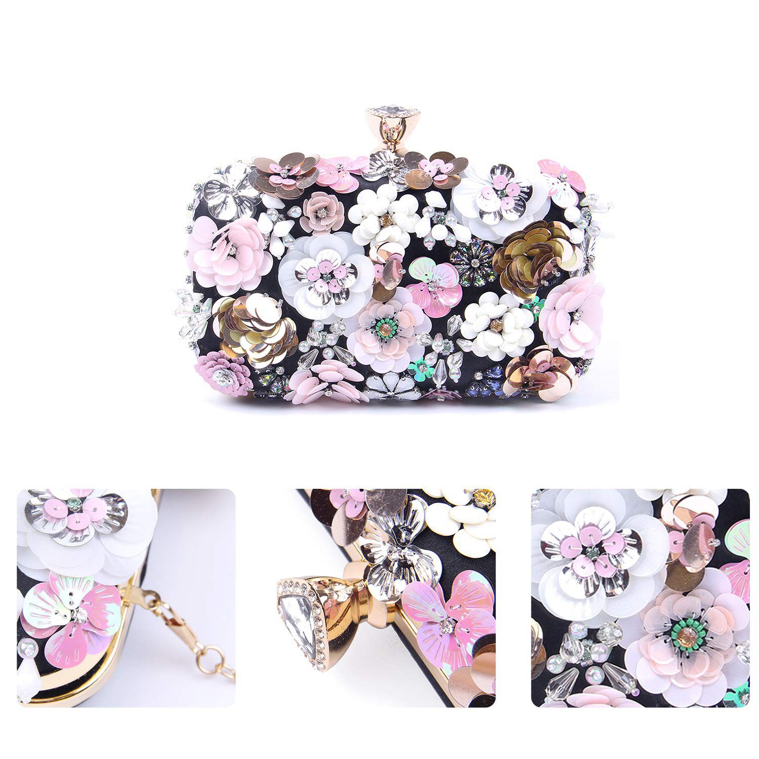 Zaewry Abendtasche Damen-Clutch mit Blumenmuster, Abendhandtasche, Schultertasche, mit Kettenriemen – Bild 4 von 5