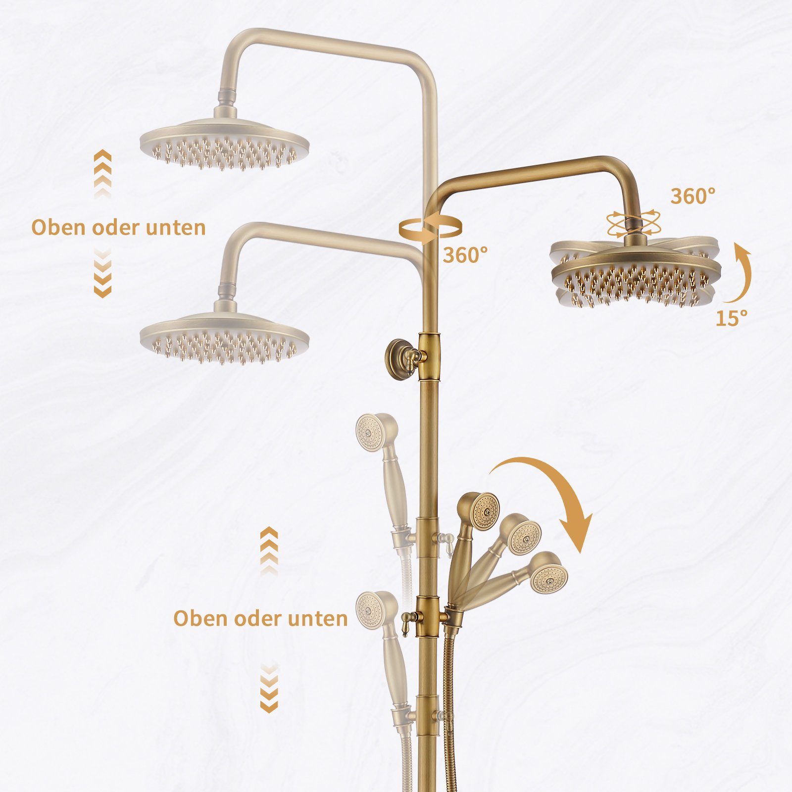 HOMELODY Duschsystem gold Retro Messing Duscharmatur Set Antik Gold Dusche mit Regendusche, 2 Strahlart(en), Thermostatische Dusche, Duschset mit 8" Regendusche – Bild 4 von 5