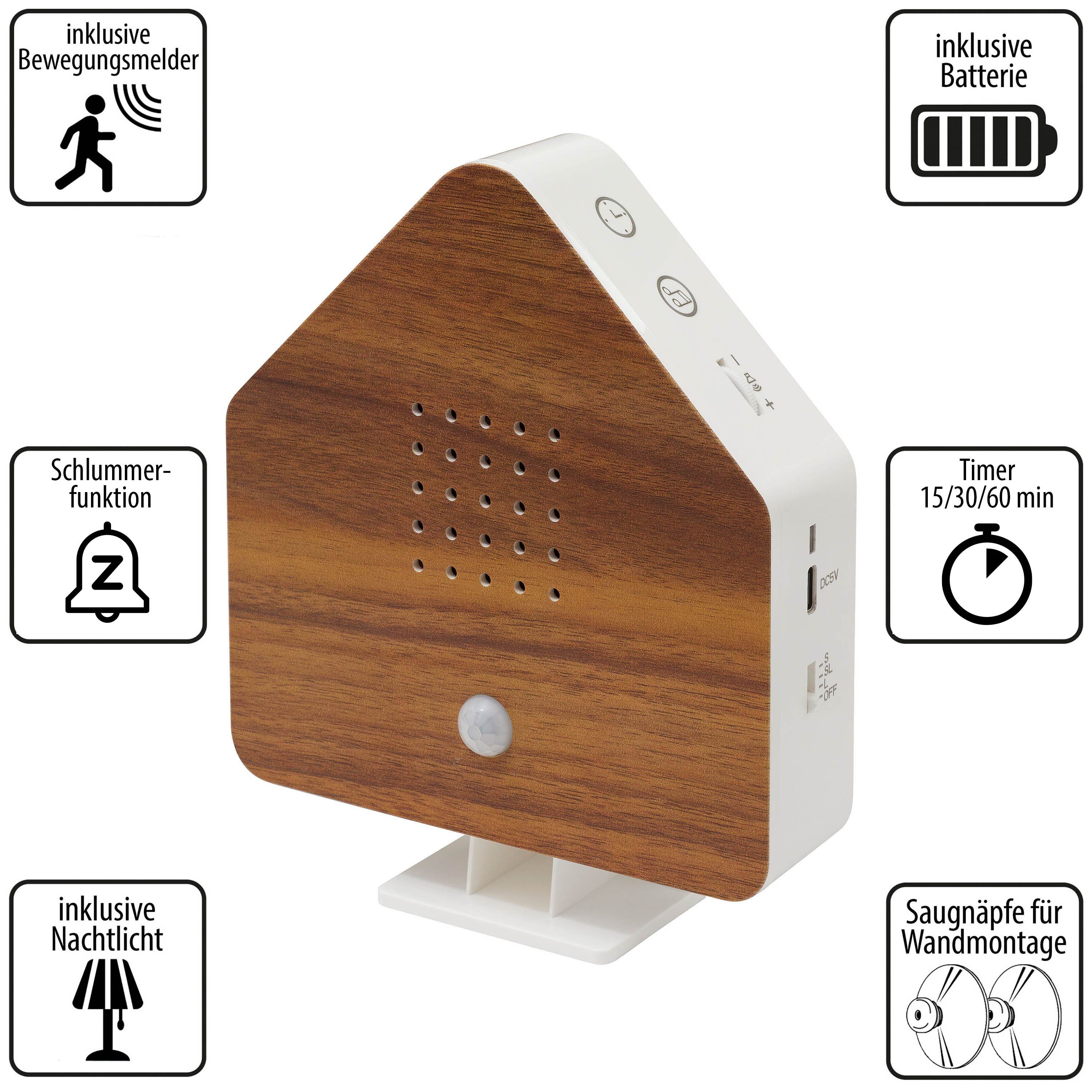 IC HomeDeco Dekoobjekt Naturgeräusche-Box mit Licht, Bewegungsmelder & Einschlaf-Funktion, 9 Melodien wie Vogelgesang, Naturgeräusche, Lagerfeuer, Bachplätschern