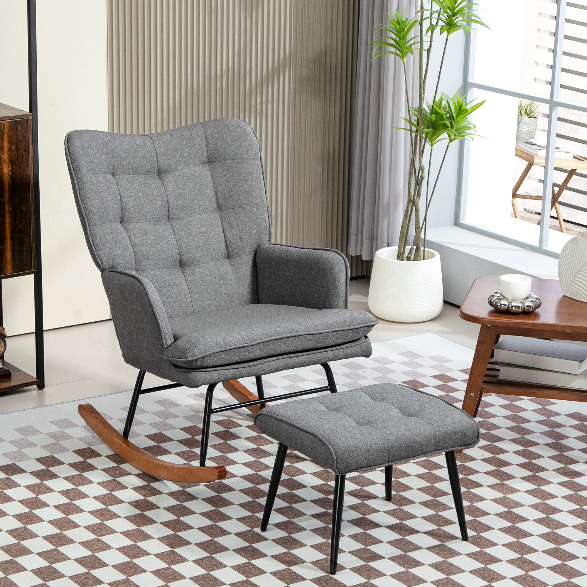 HOMCOM Schaukelsessel Schaukelstuhl mit Hocker, Sessel mit Leinenoptik (Armlehnsessel, 2-St., Schwingsessel), für Wohnzimmer, Schlafzimmer, Schwarz+Dunkelgrau