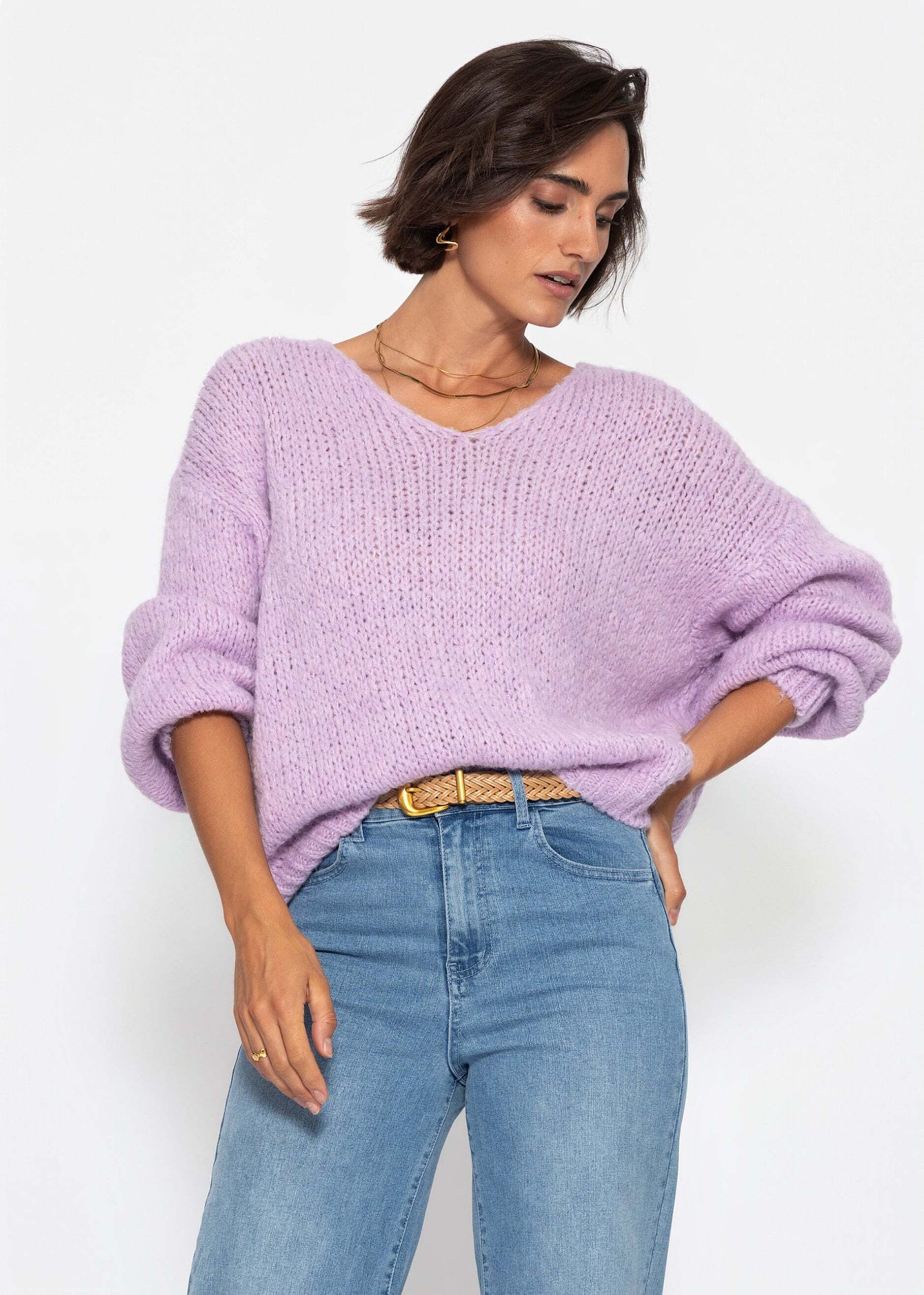 SASSYCLASSY Strickpullover Oversize Pullover mit V-Ausschnitt für Damen Weicher Pullover mit langen Ärmeln und Rippbündchen in Lavendel