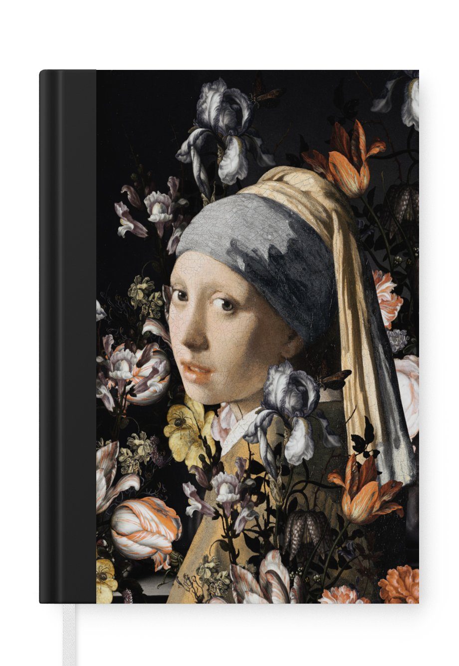 MuchoWow Notizbuch Das Mädchen mit dem Perlenohrring - Johannes Vermeer - Blumen, Journal, Merkzettel, Tagebuch, Notizheft, A5, 98 Seiten, Haushaltsbuch