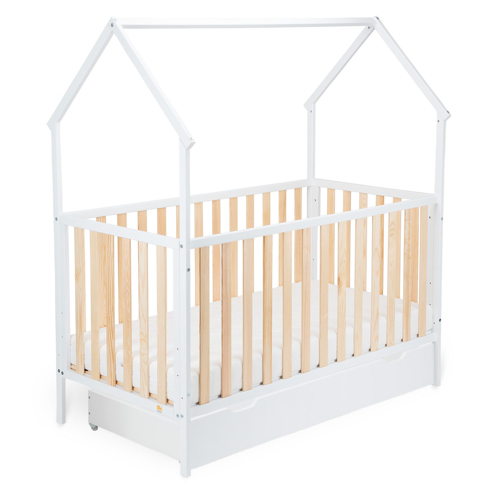 FabiMax Kinderbett Hausbett Schlafmütze 140 x 70 cm Liegefläche, weiß lackiert / natur, Kiefernholz massiv, Gitterbett, Umbaubar zum Juniorbett