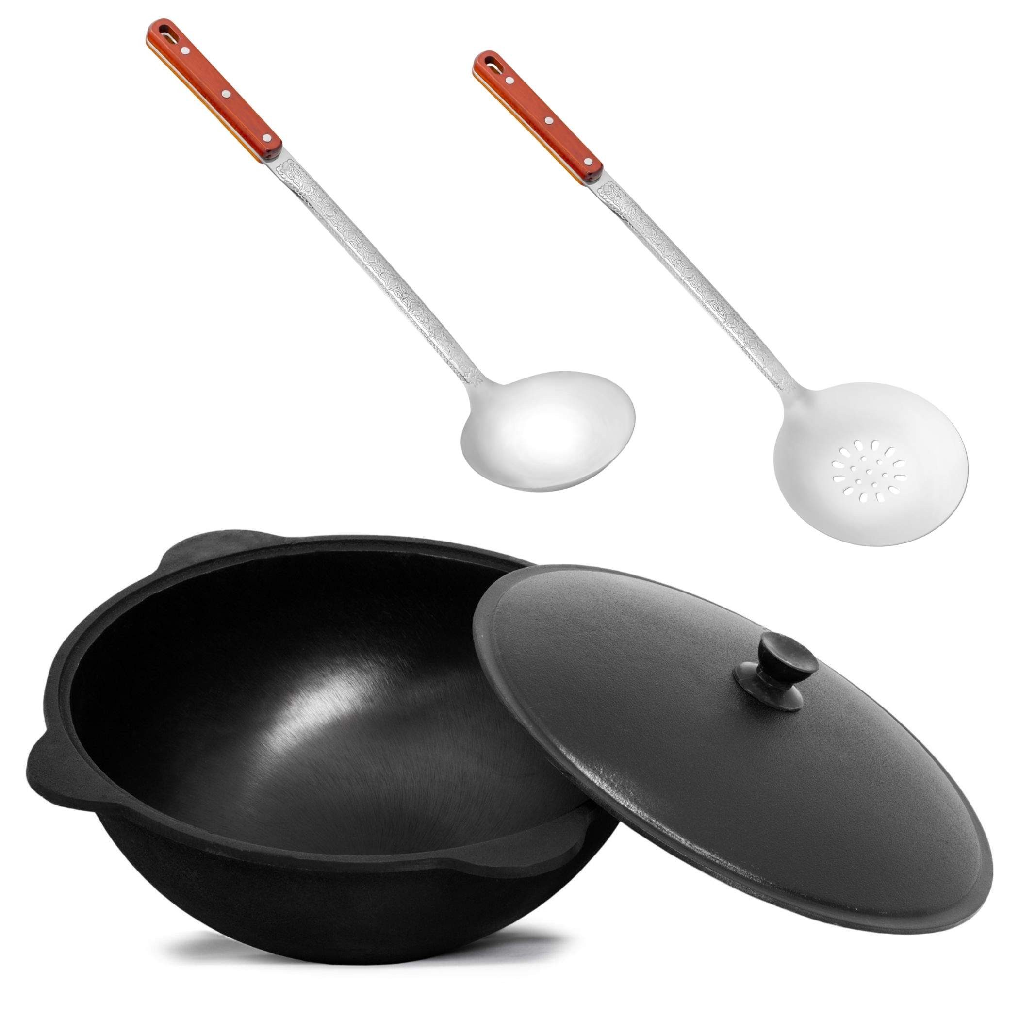 BIG-PAN Feuertopf Original Usbekischer Kasan 8 L Gusseisen Aluminium-Deckel Dutch Oven, Gusseisen (inkl. Schöpfkelle Schaumlöffel, Uzbekischer Kessel Namangan), asiatischer Topf für Plov Wok Eintöpfe