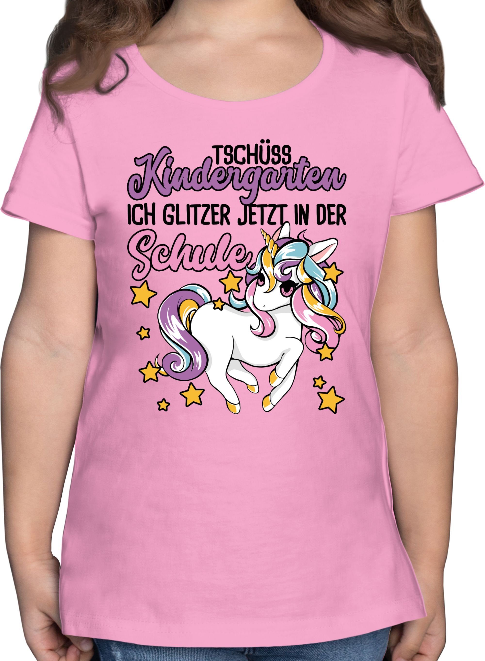 Shirtracer T-Shirt Tschüss Kindergarten Einhorn - Glitzer jetzt in der Schule Einschulung Mädchen 3 Rosa