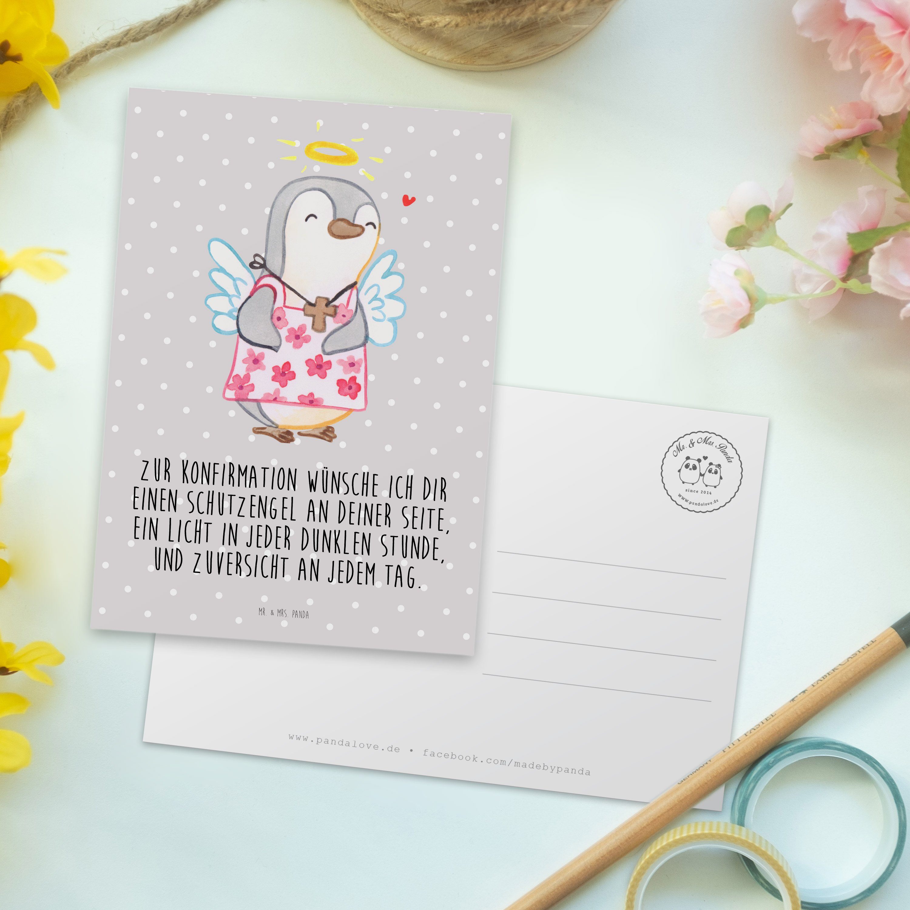 Konfirmation Pinguin Vertrauen, - Pastell & Grau Mrs. Mr. Einladungs Postkarte Panda Geschenk, -
