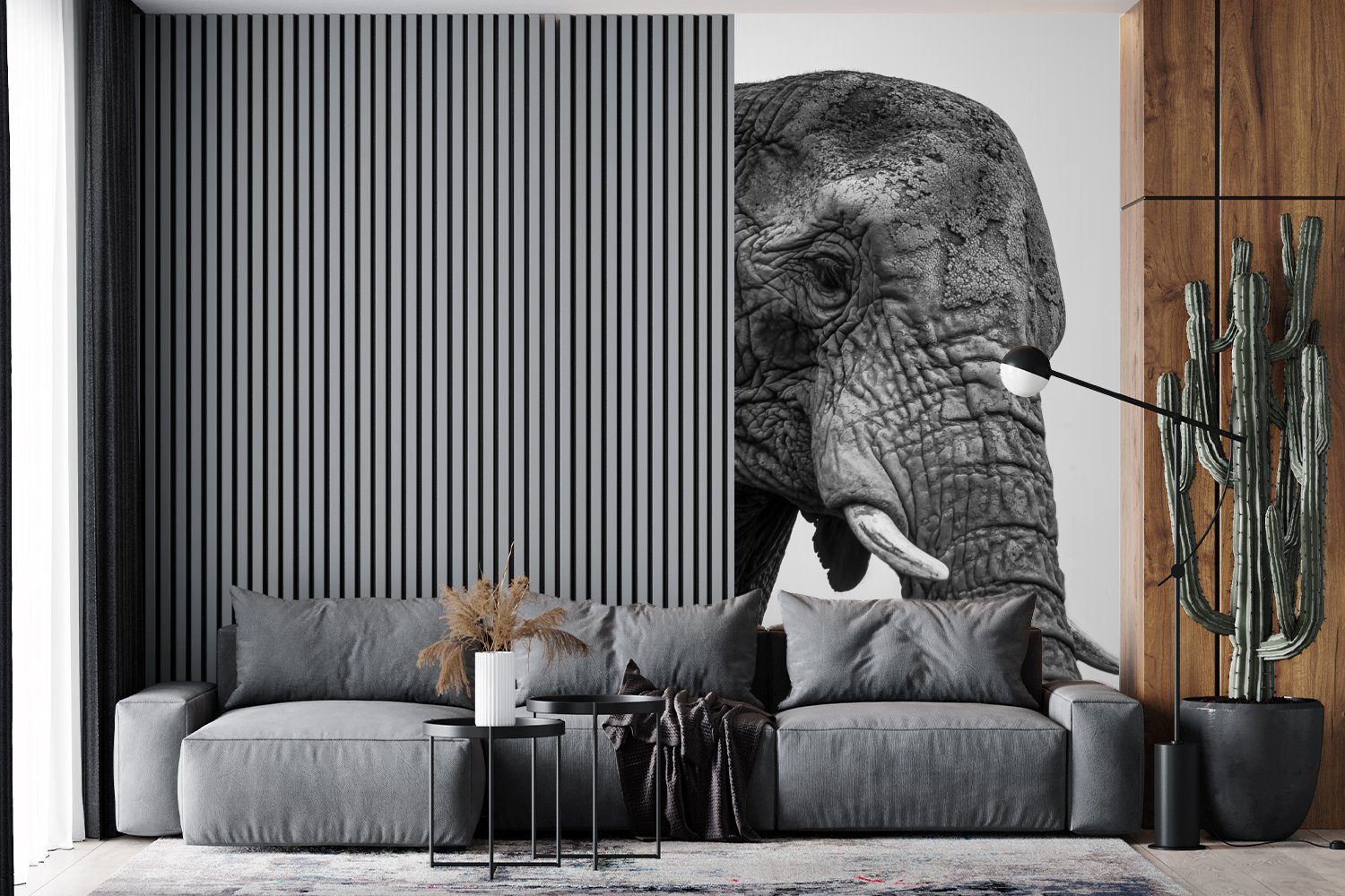 MuchoWow Neugierige Wohnzimmer (2 Weiß, für Küche, St), in Matt, Fototapete Schlafzimmer und Schwarz Fototapete Vliestapete Elefanten bedruckt,