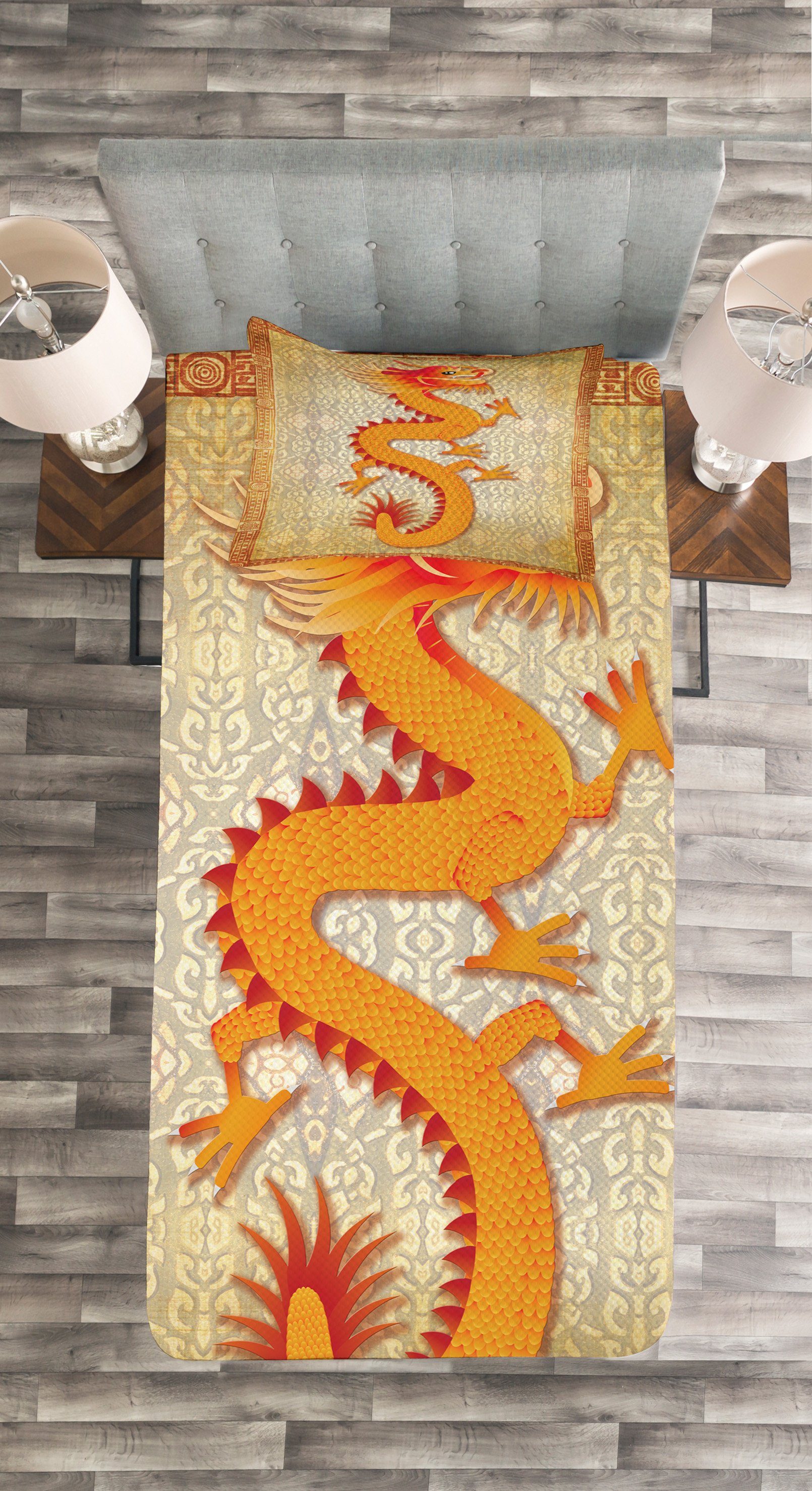 Set Abakuhaus, mit Kissenbezügen Drachen Tagesdecke Folk-Elemente Chinese Waschbar,