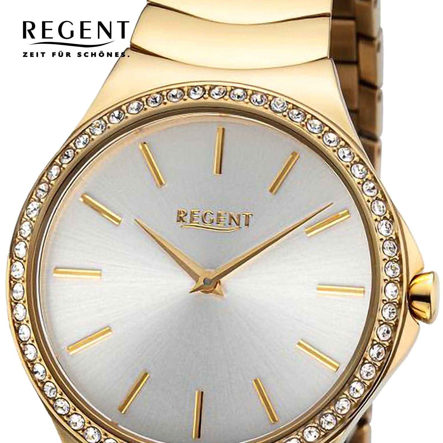Regent Quarzuhr Regent Damen Analog, Metallarmband extra Armbanduhr rund, Damen 33mm), (ca. Armbanduhr groß