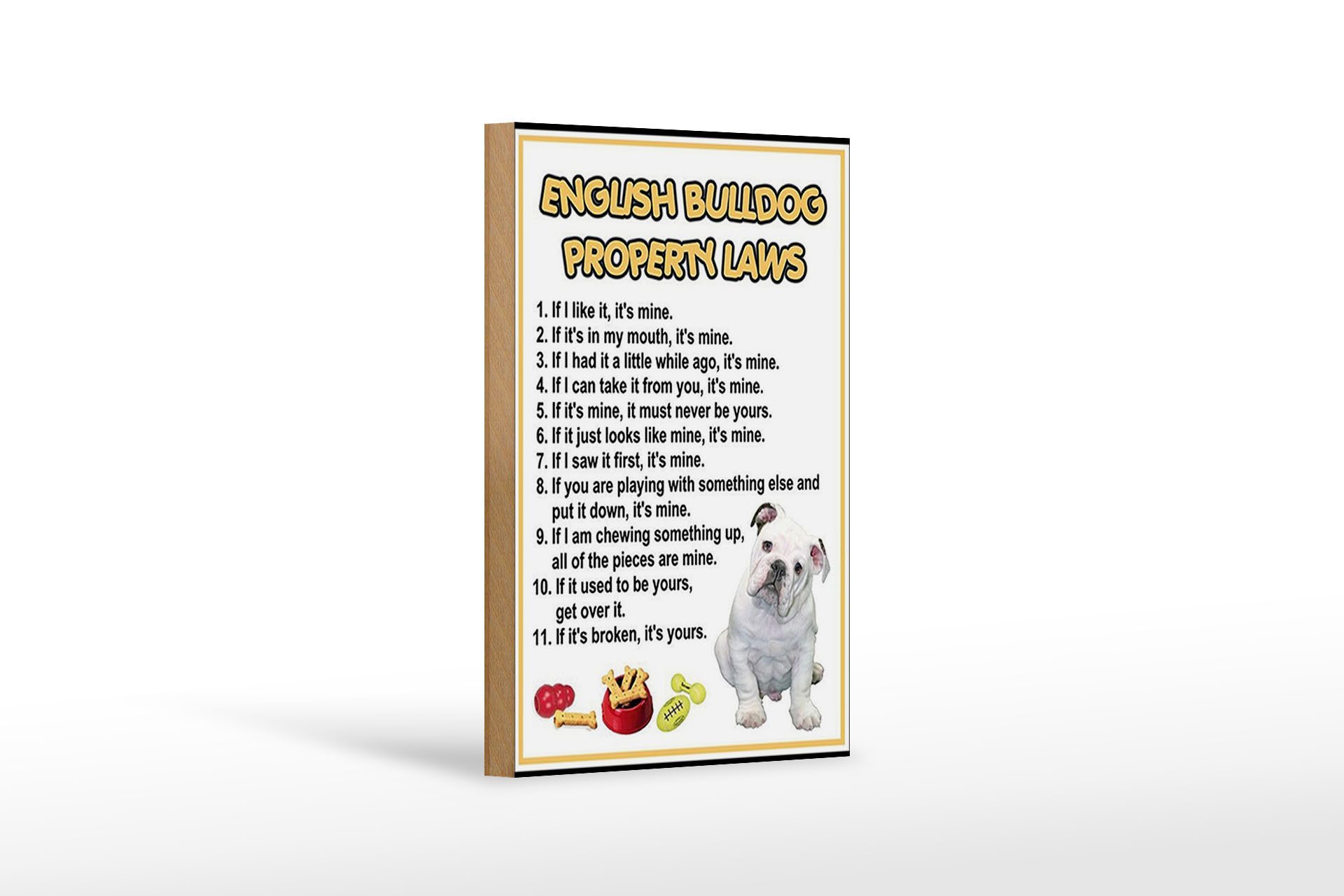 Holzbild Spruch 12x18 cm english bulldog property laws