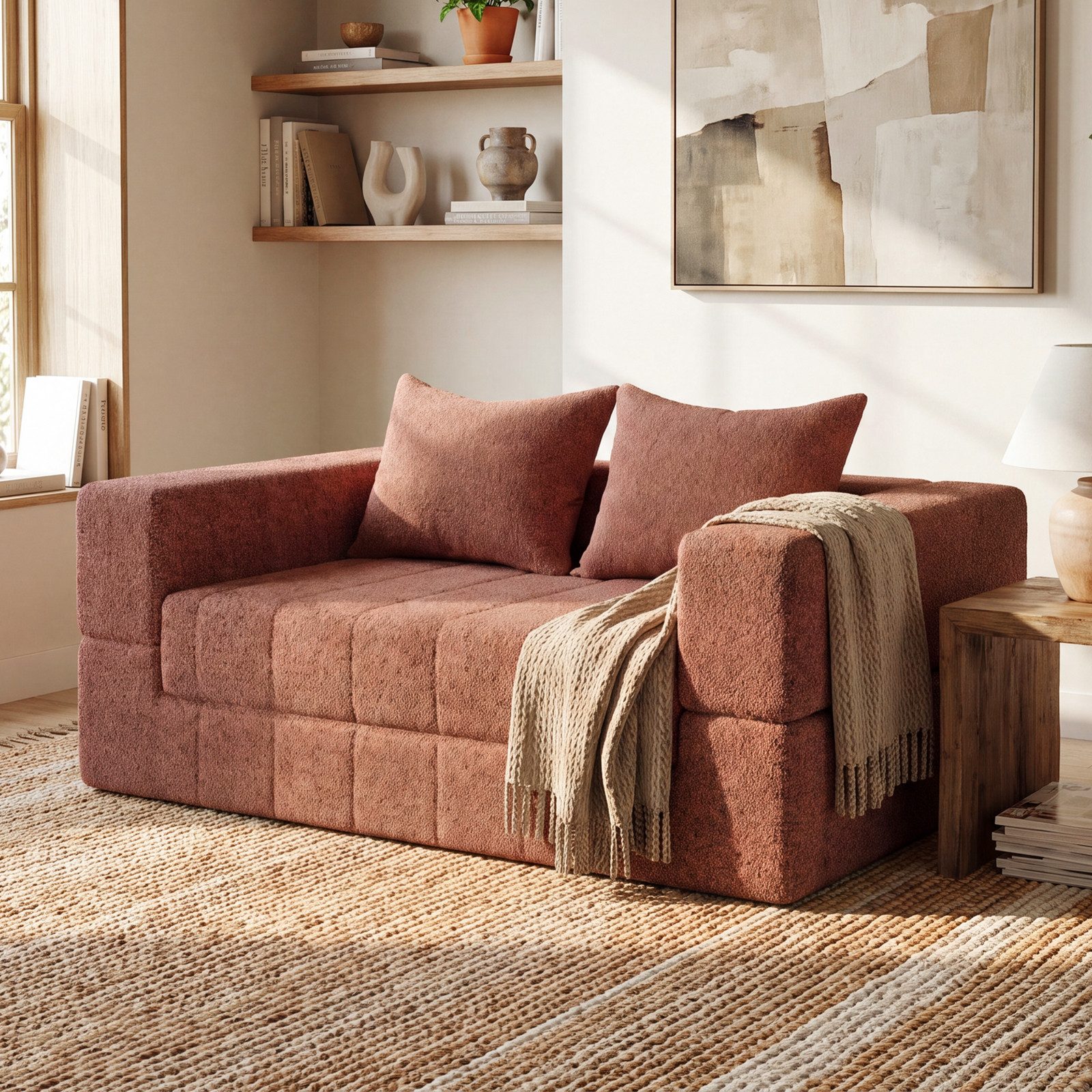 HOMALL Sofa Teddy-Bouclé-Stoff Vollschaumcouch mit Vakuum-Kompression, (Klappbares Schlafsofa,Couch 2 Sitzer mit 2 Kissen,kein Aufbau notwendig)